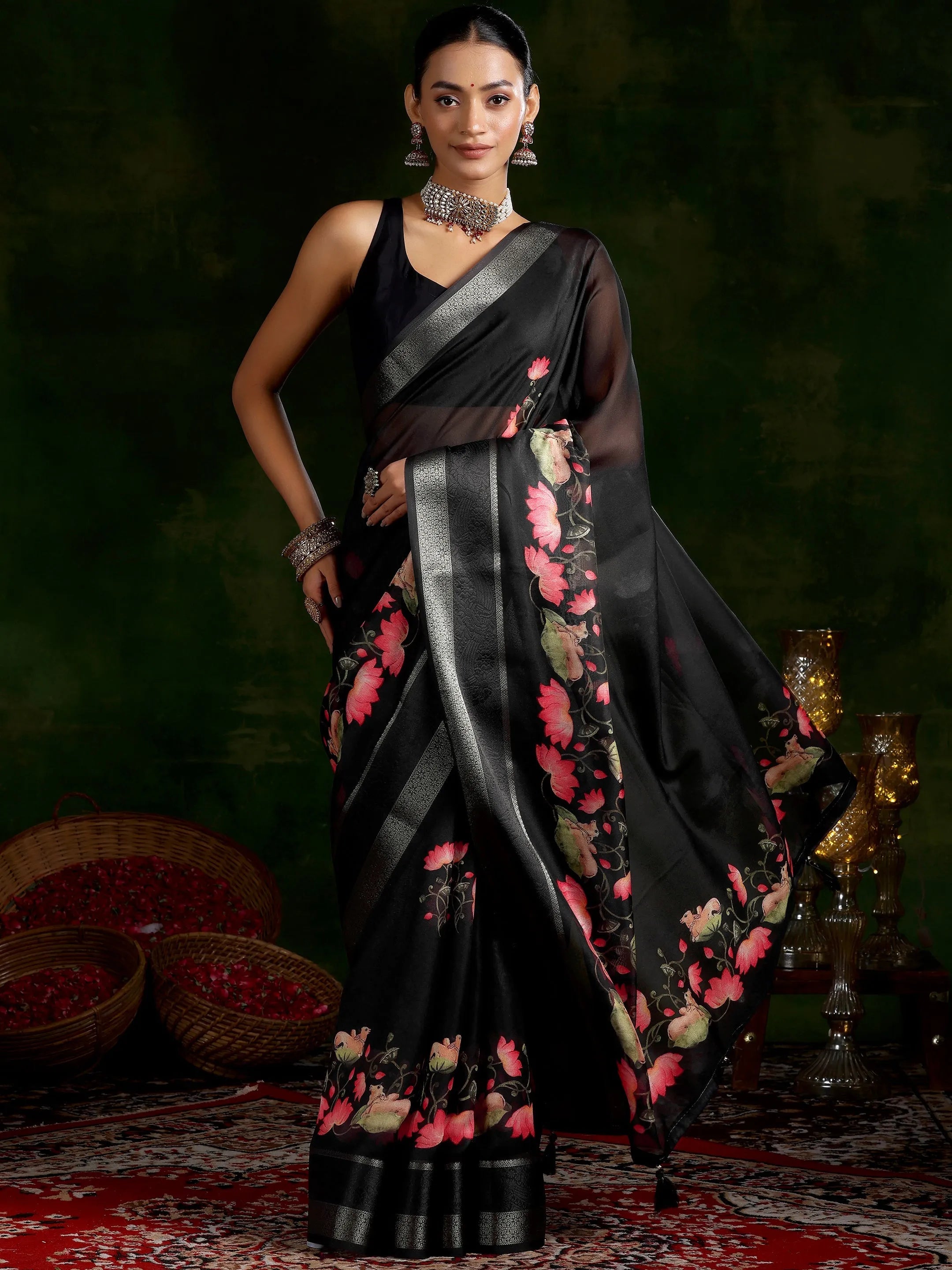 Black Printed Silk Blend Saree With Unstitched Blouse Piece