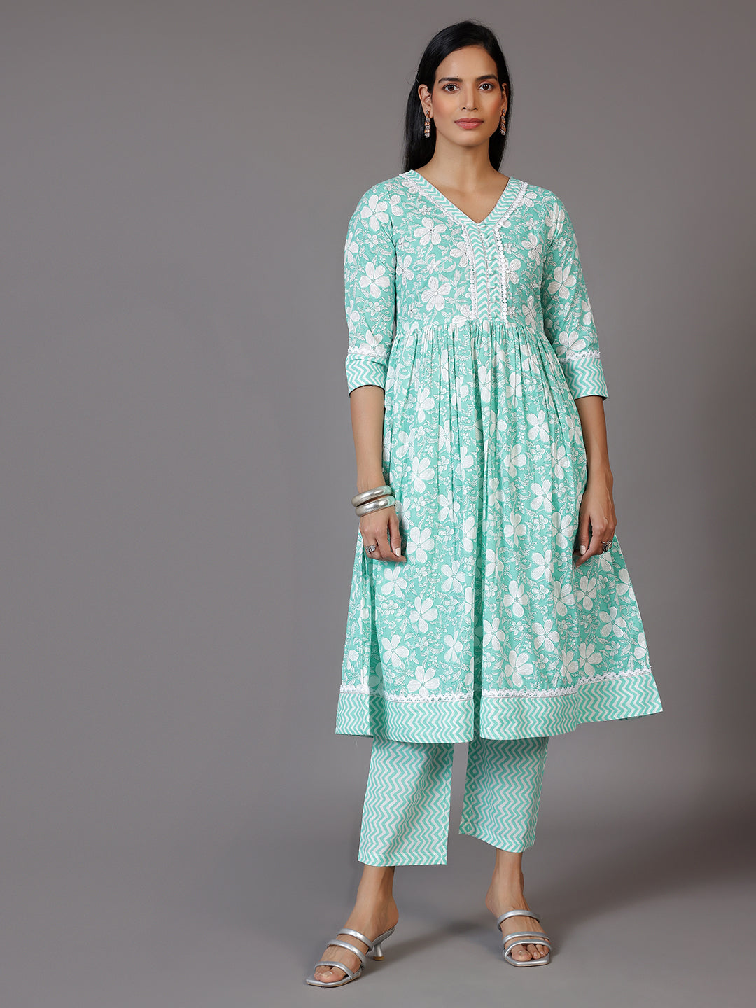 Green Printed Cotton Anarkali Kurta Set