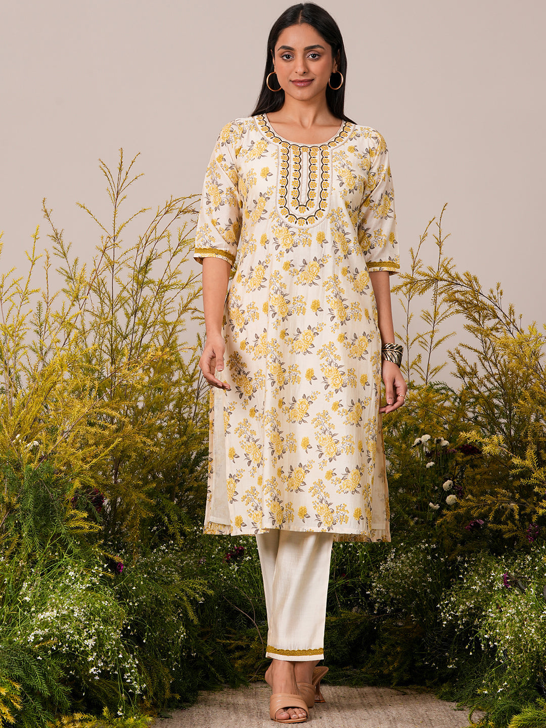 Beige Printed Chanderi Silk Straight Kurta Set