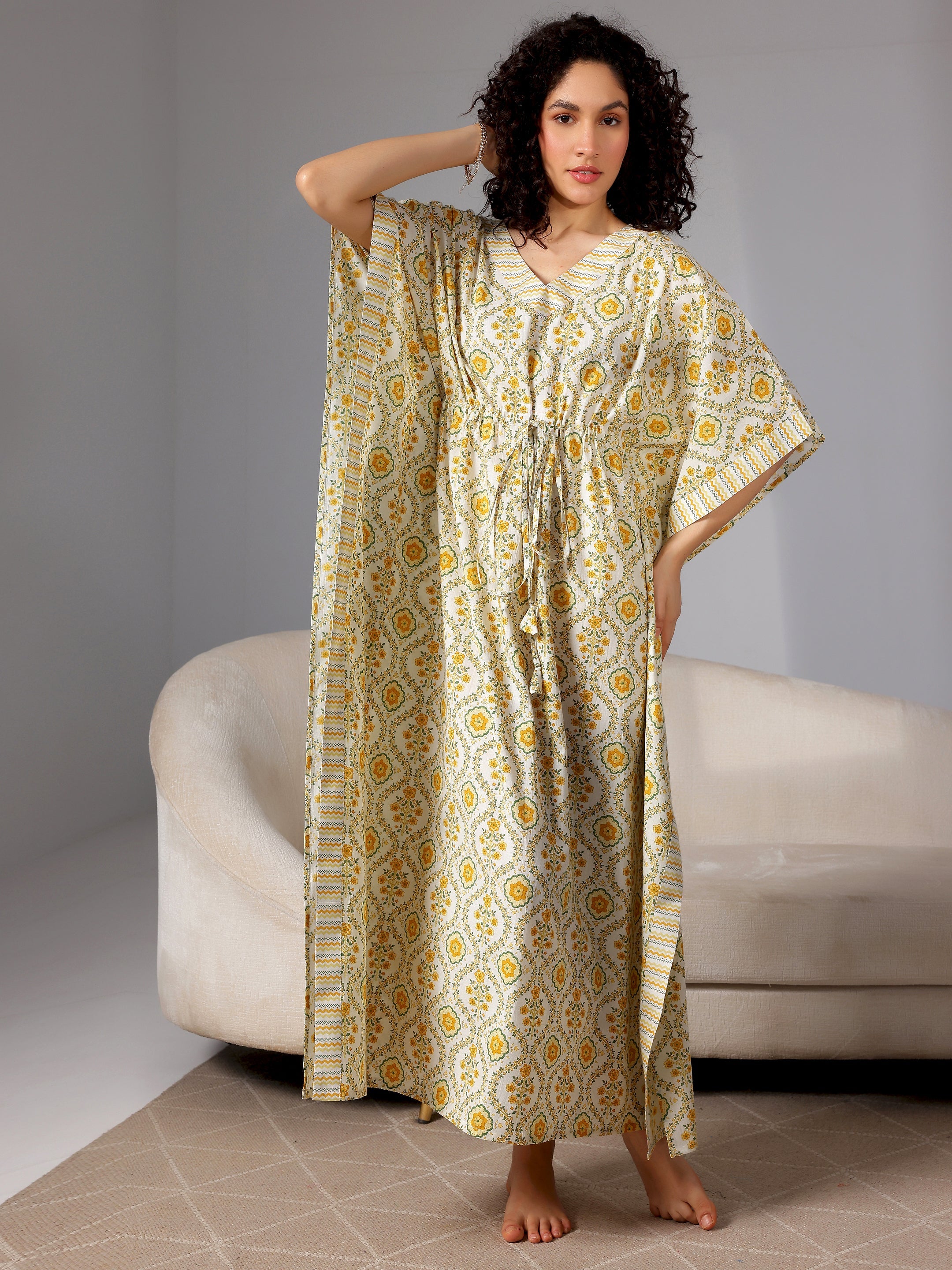 Yellow Printed Cotton Kaftan Night Dress