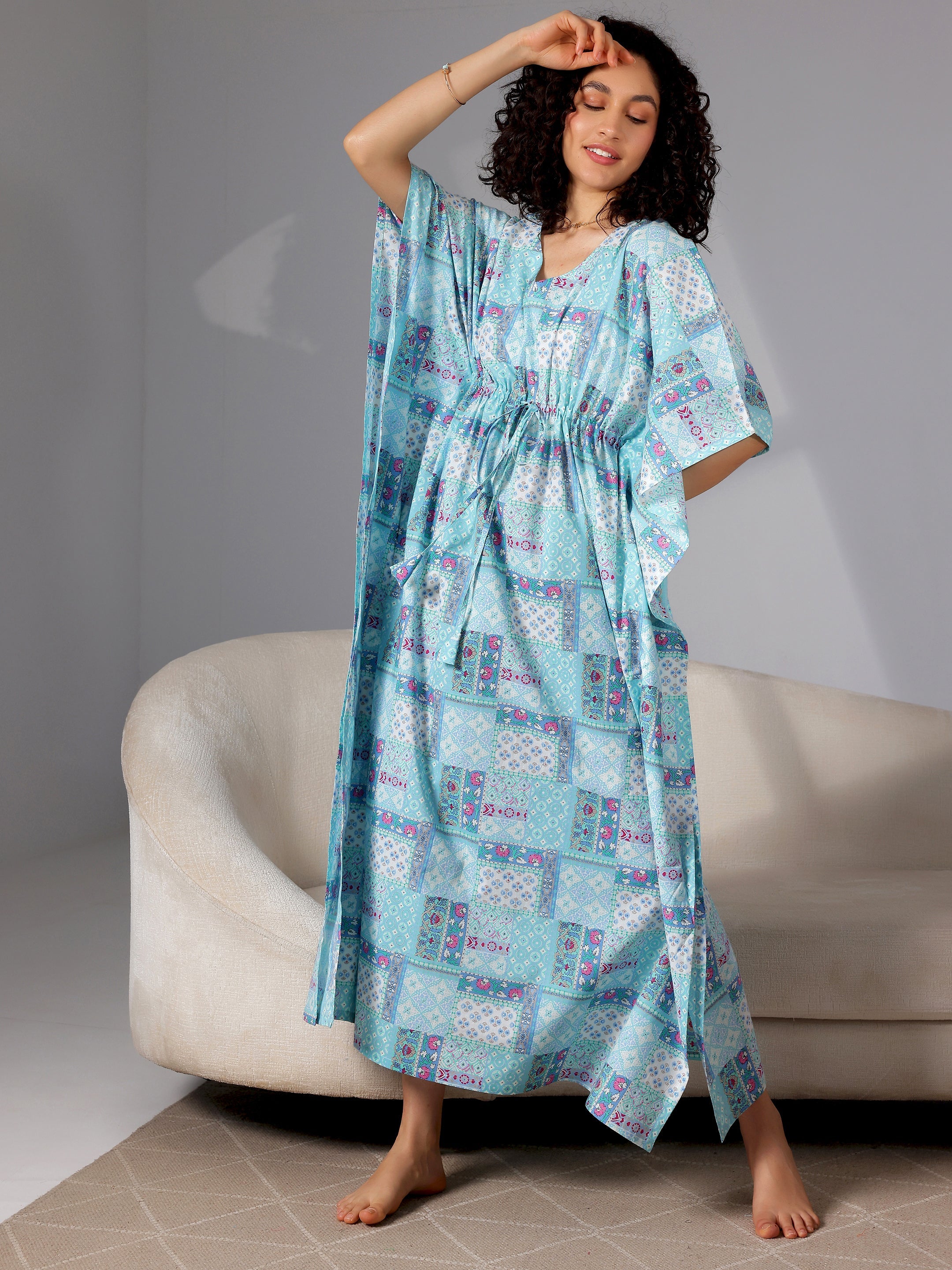 Blue Printed Cotton Kaftan Night Dress