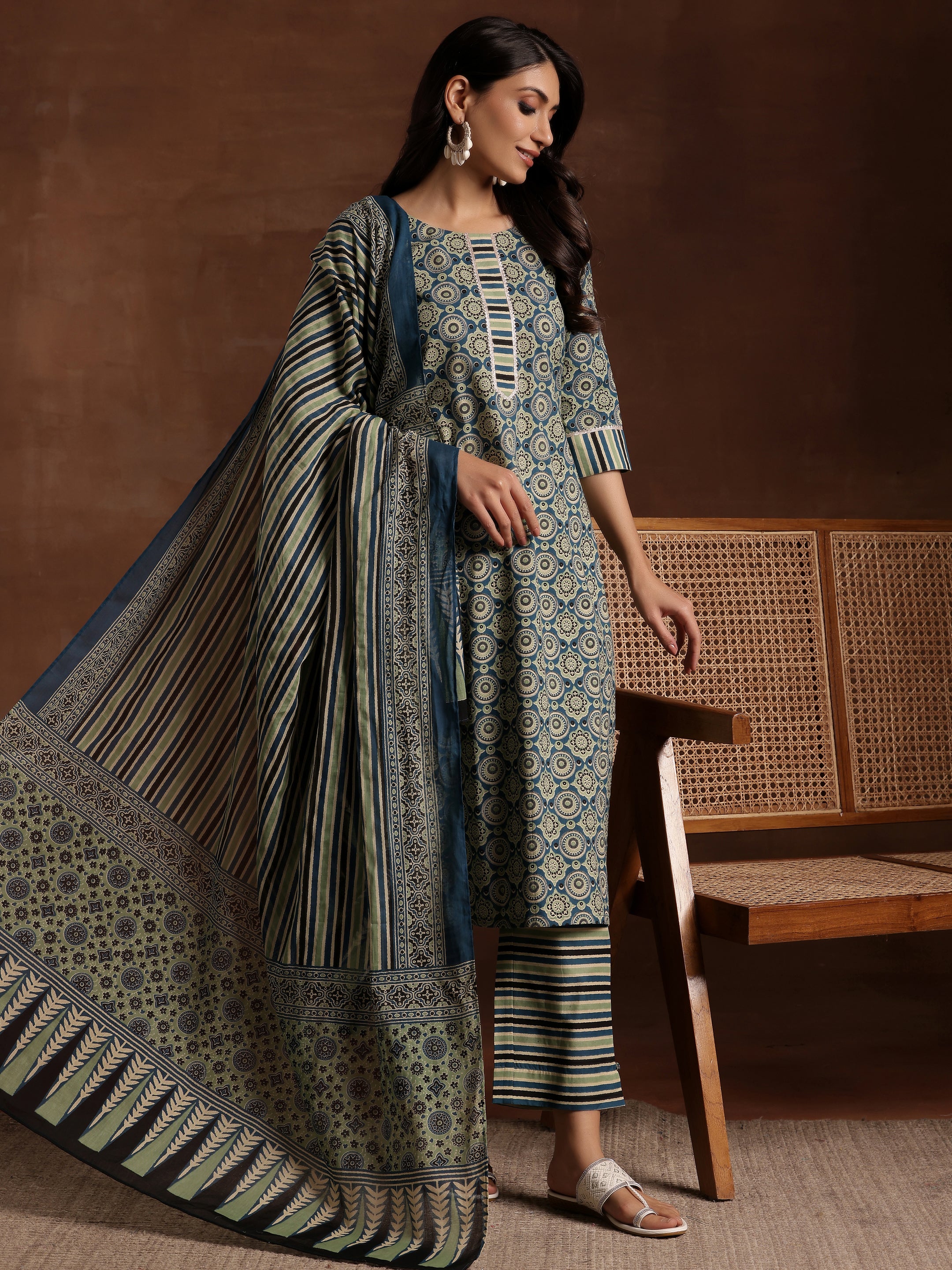 Blue Printed Cotton Straight Suit With Dupatta