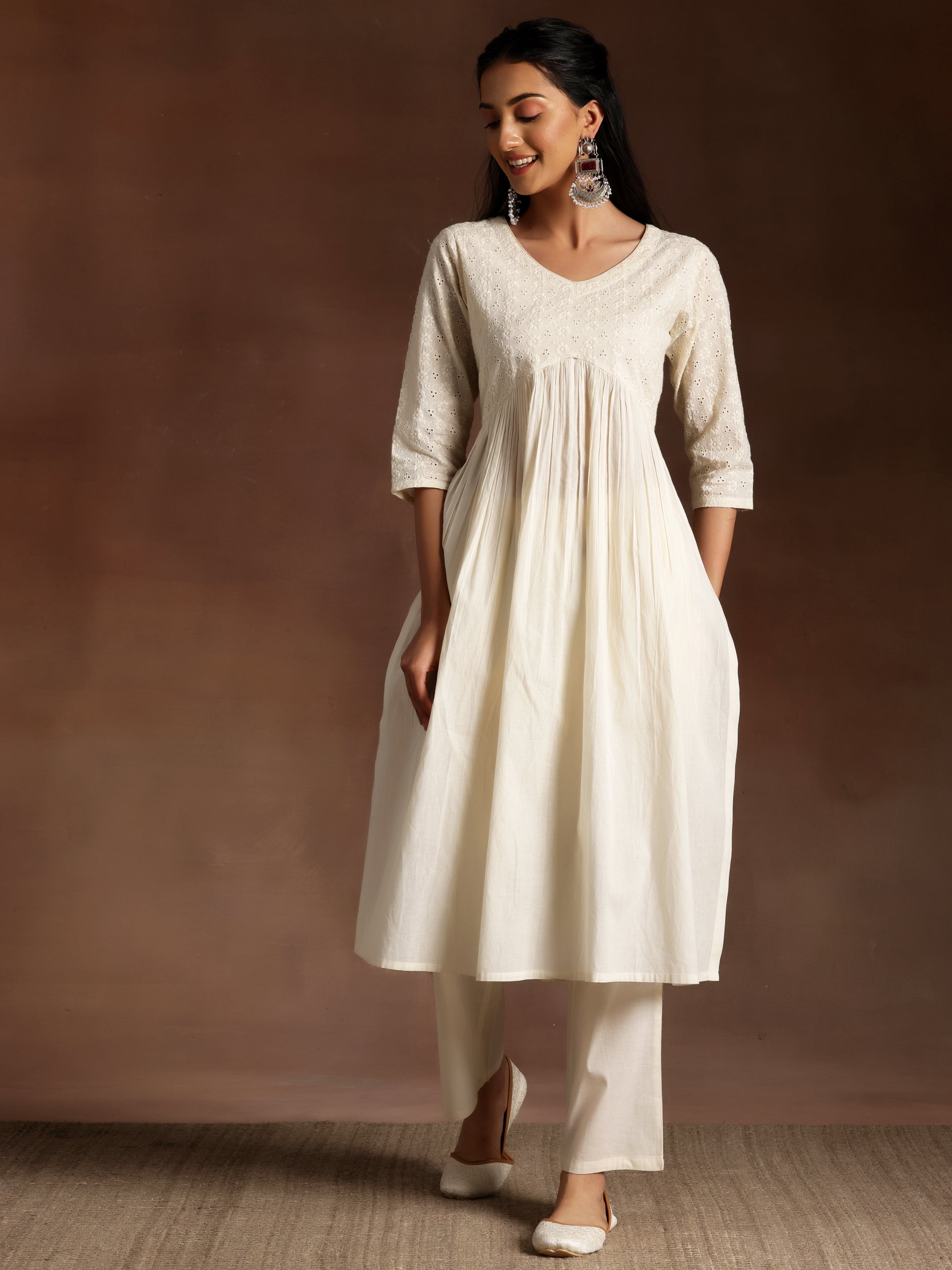 Off White Embroidered Cotton Straight Kurta Set