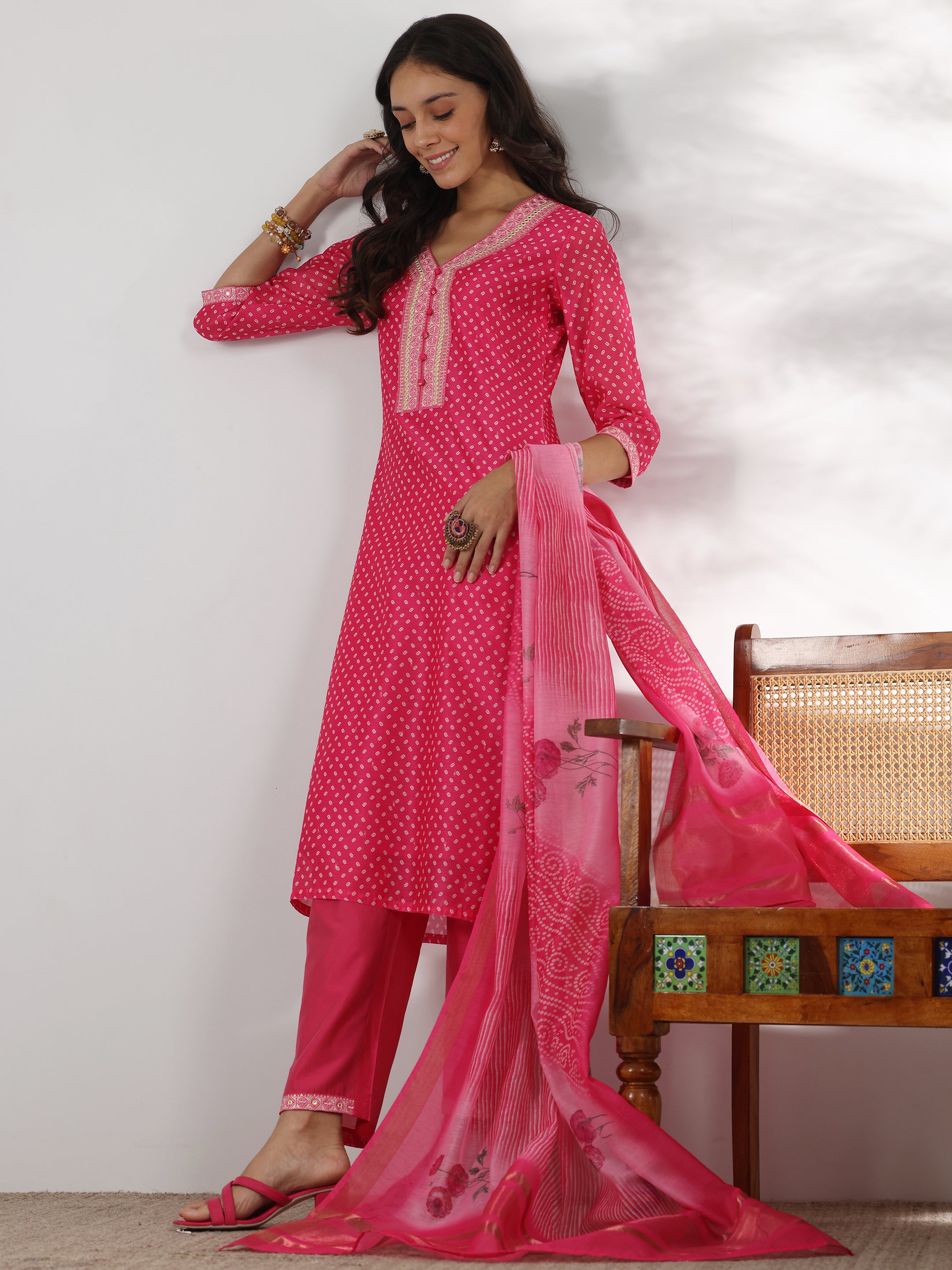 Pink Printed Silk Blend Straight Suit With Dupatta