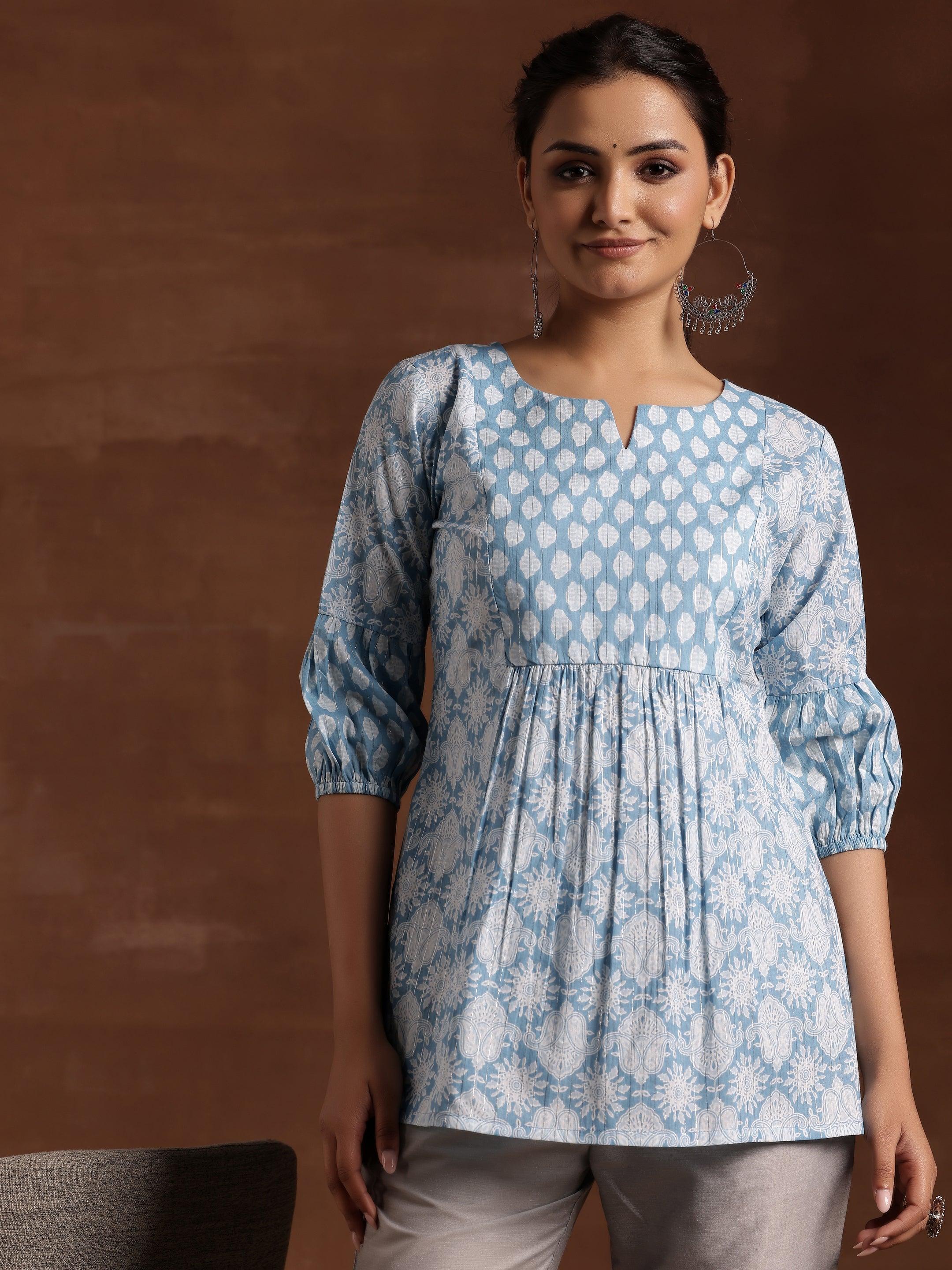 Blue Printed Cotton Straight Kurti