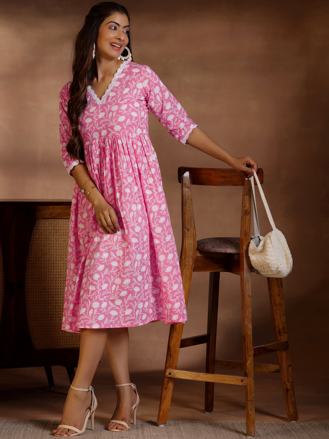 Pink Printed Cotton Fit and Flare Dress