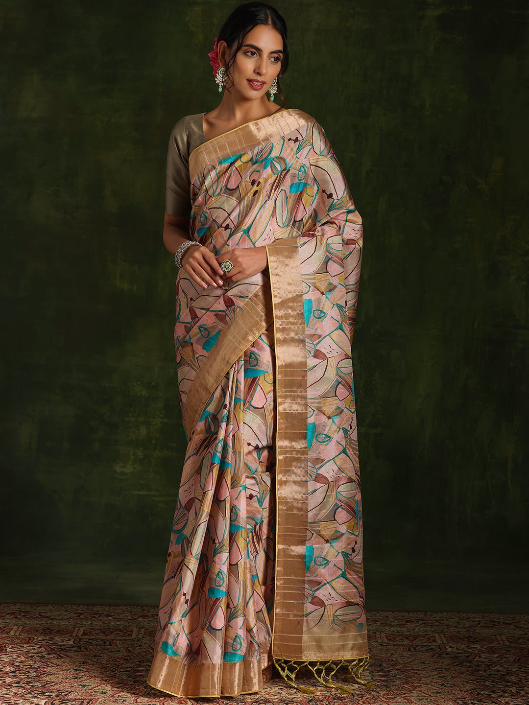 Green Printed Silk Blend Saree With Unstitched Blouse Piece