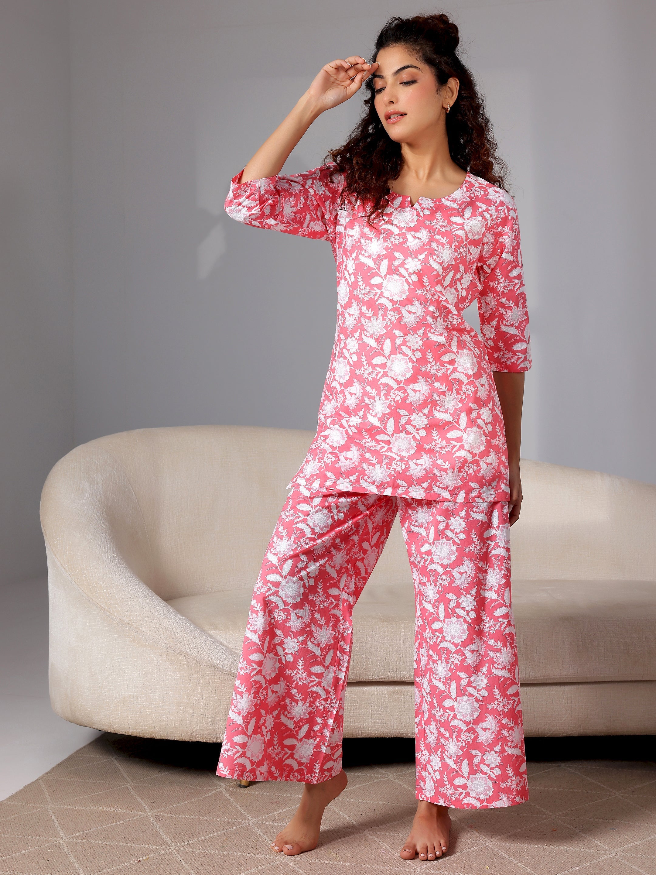 Peach Printed Cotton Night Suits