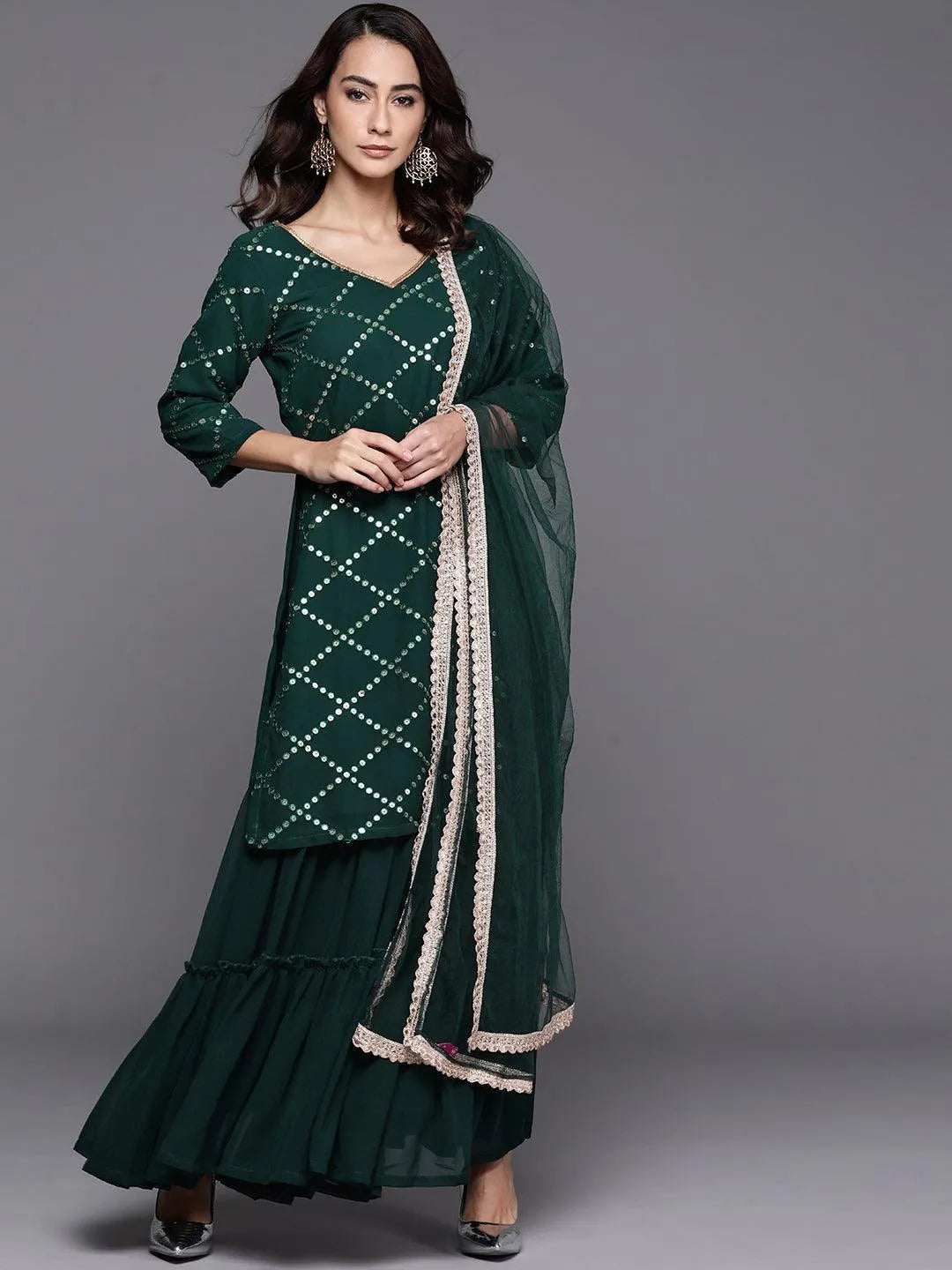 Green Embroidered Georgette Suit Set - ShopLibas