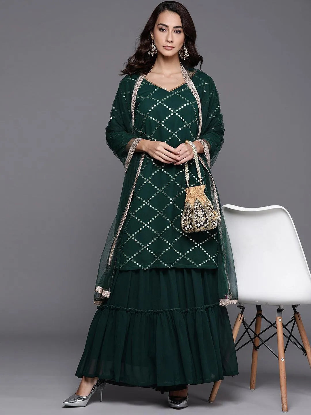 Green Embroidered Georgette Suit Set