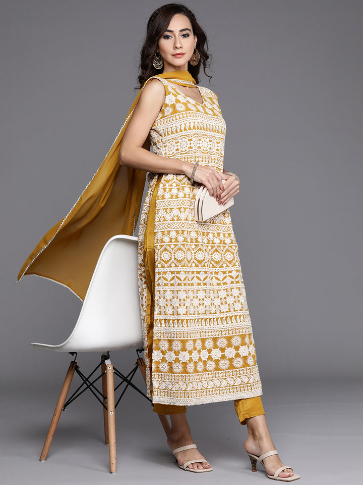 Yellow Embroidered Georgette Straight Kurta With Dupatta