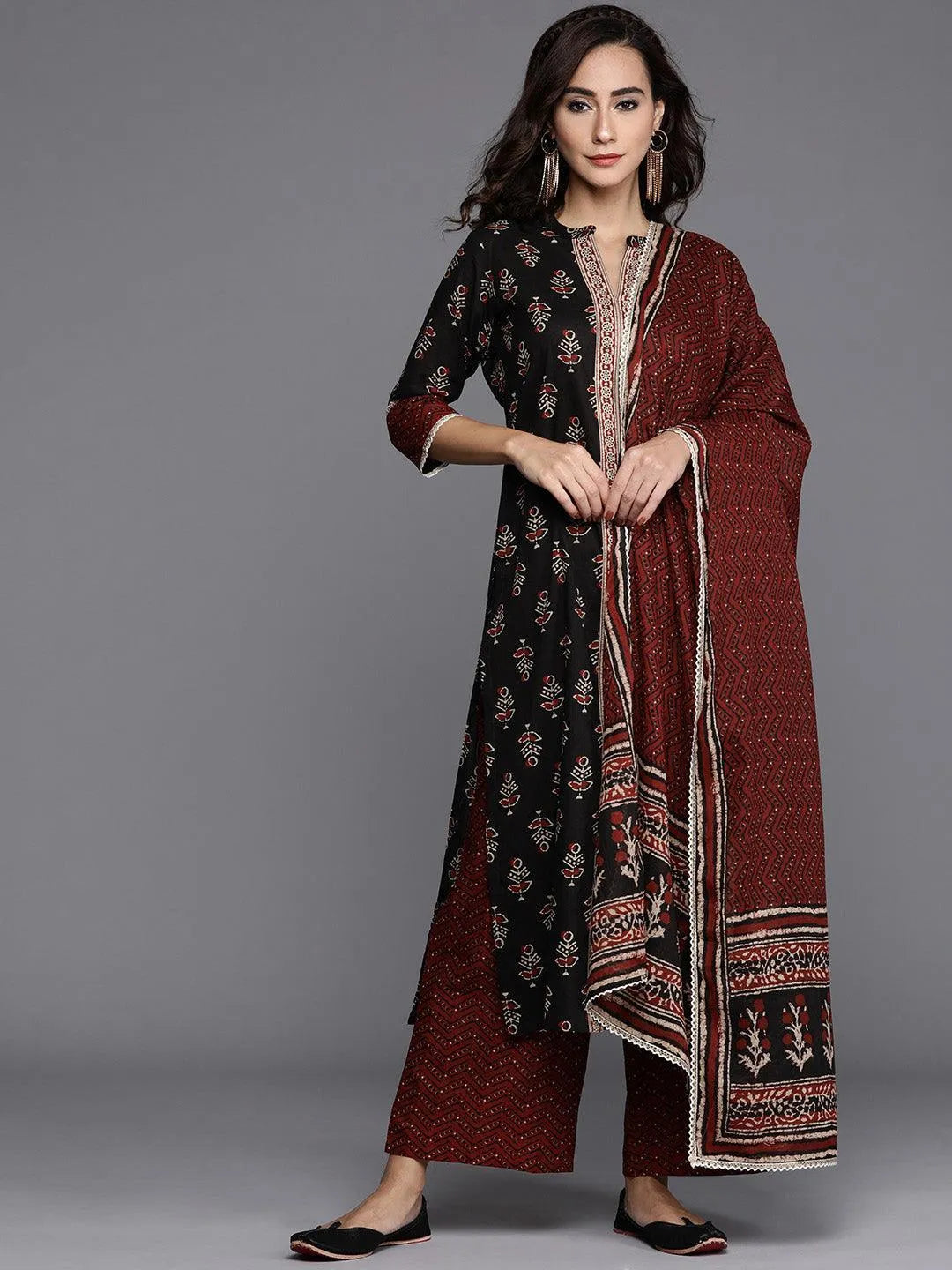 Black Printed Cotton Suit Set - ShopLibas