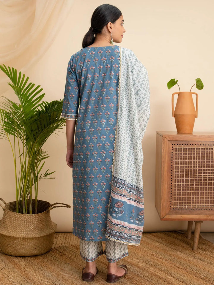 Blue Printed Cotton Suit Set - ShopLibas