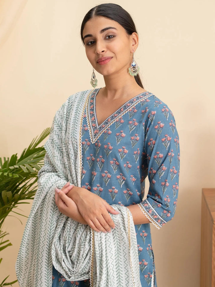 Blue Printed Cotton Suit Set - ShopLibas