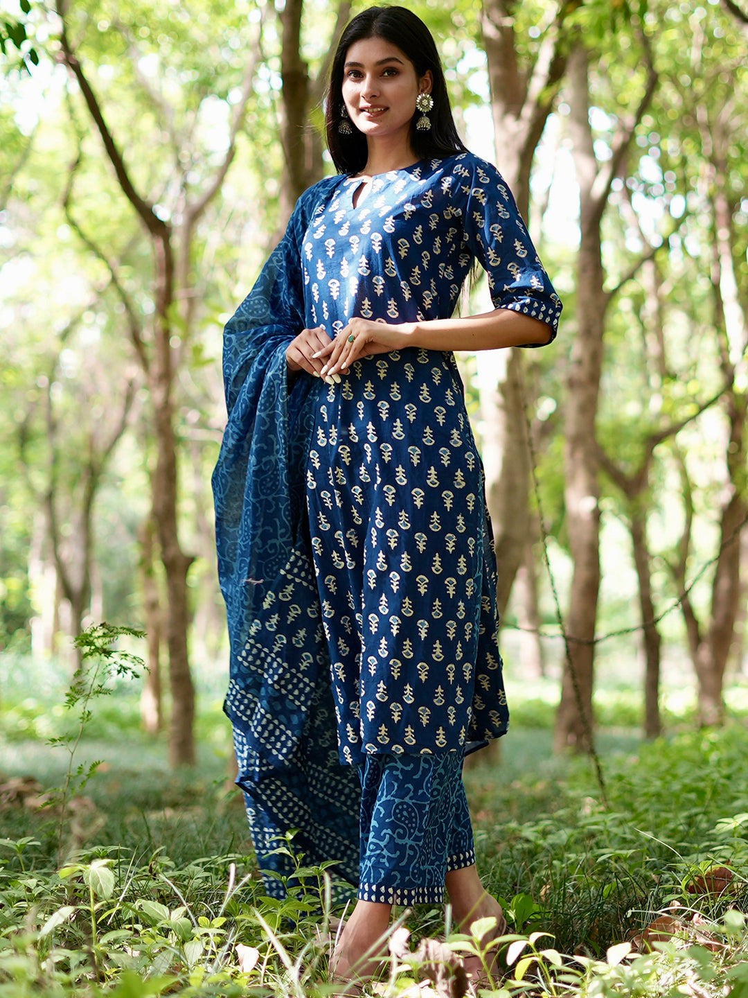 Blue Printed Cotton Suit Set