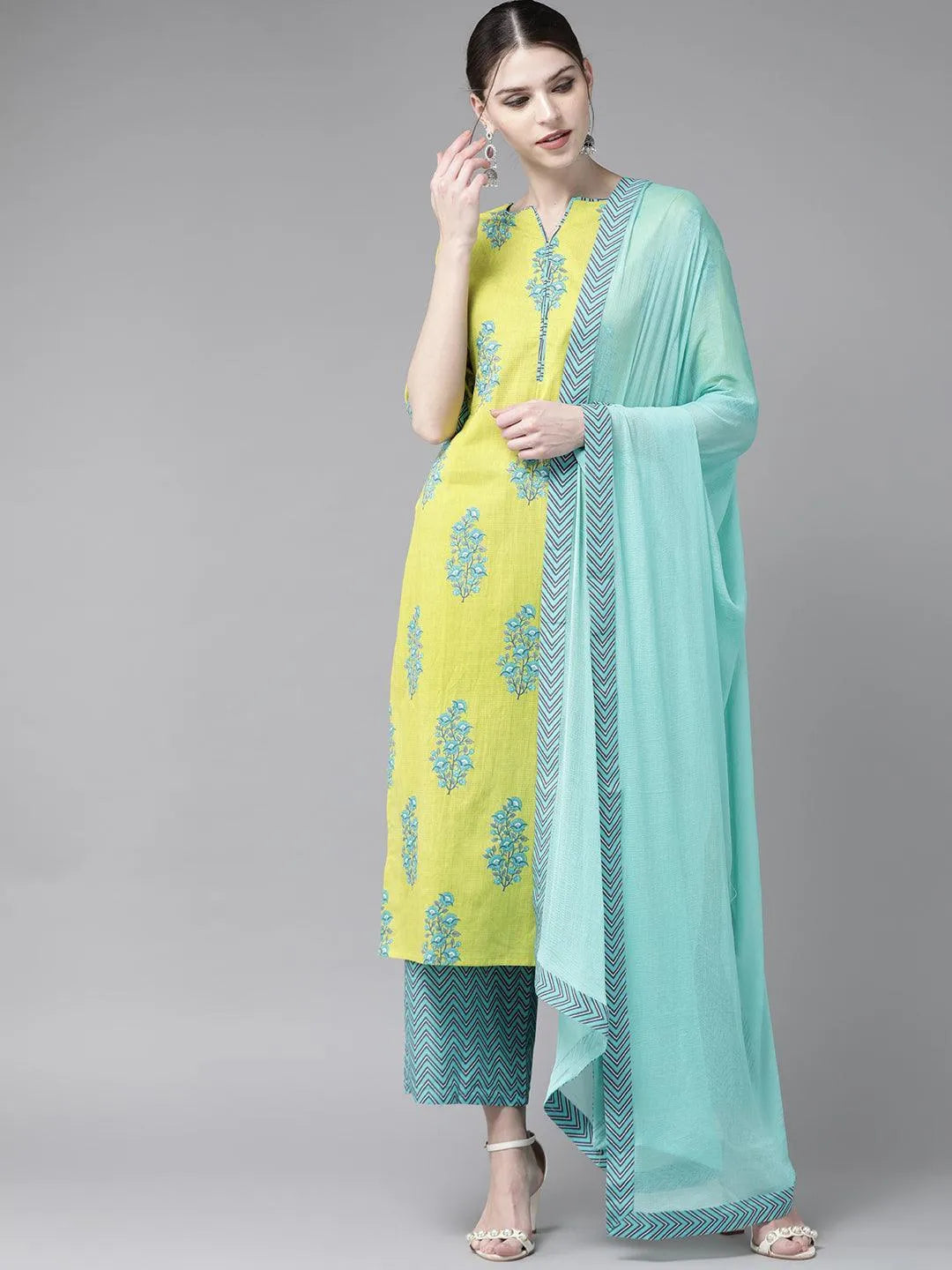 Green Printed Cotton Suit Set