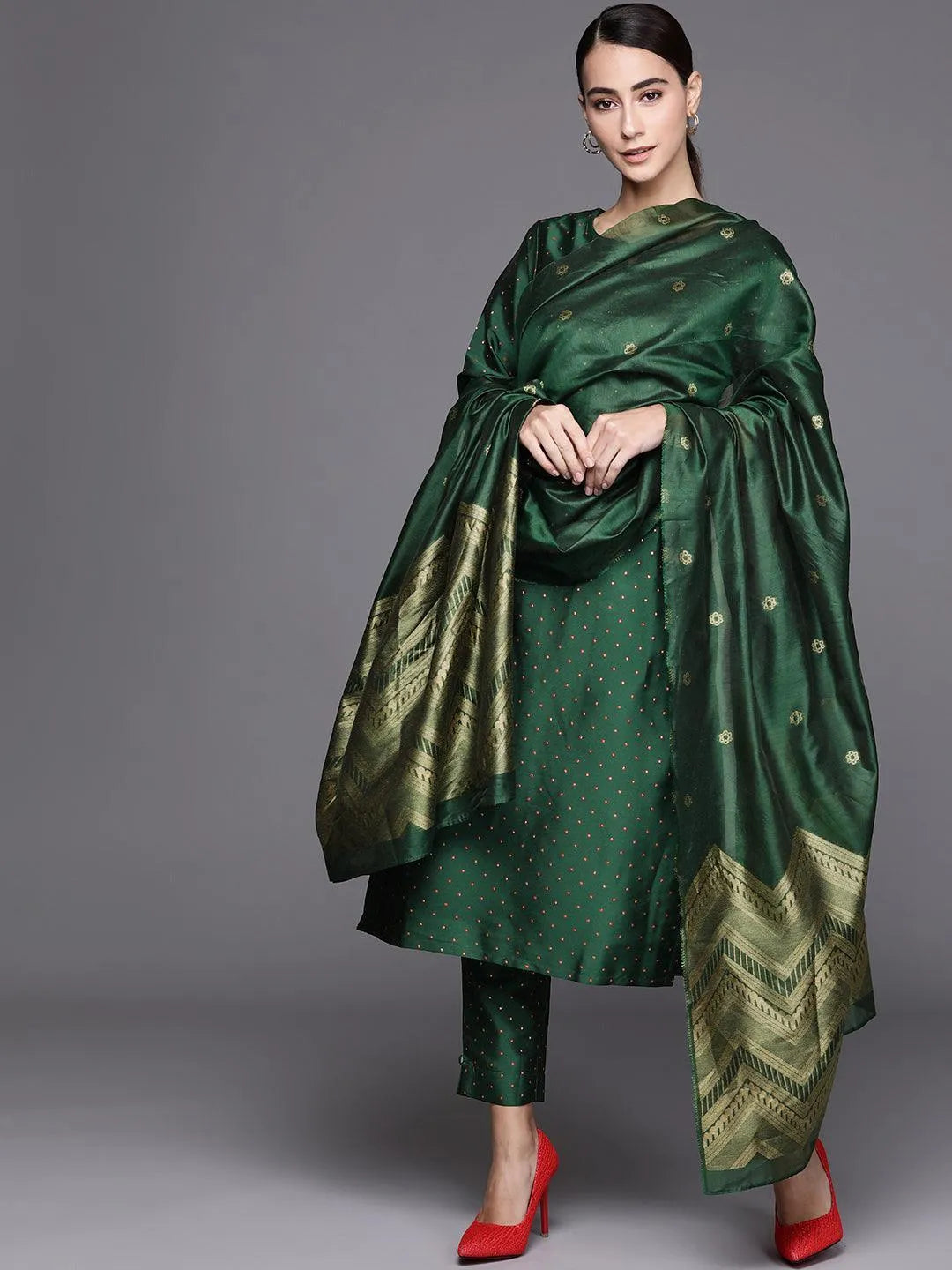 Green Self Design Art Silk Suit Set