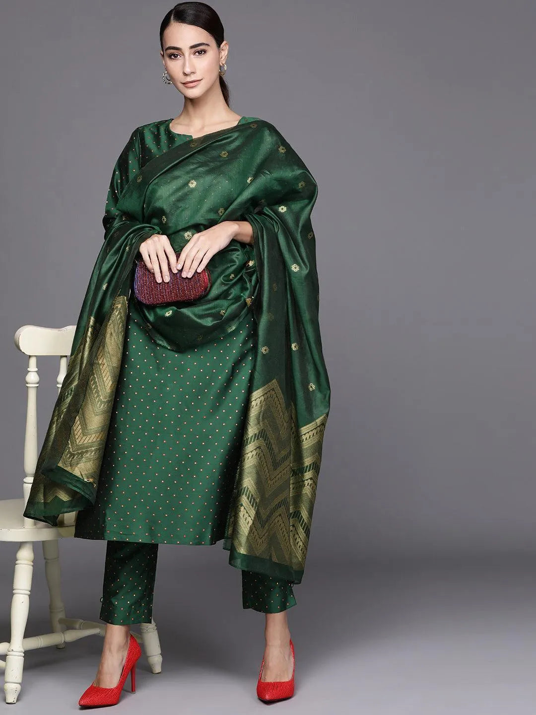 Green Self Design Art Silk Suit Set