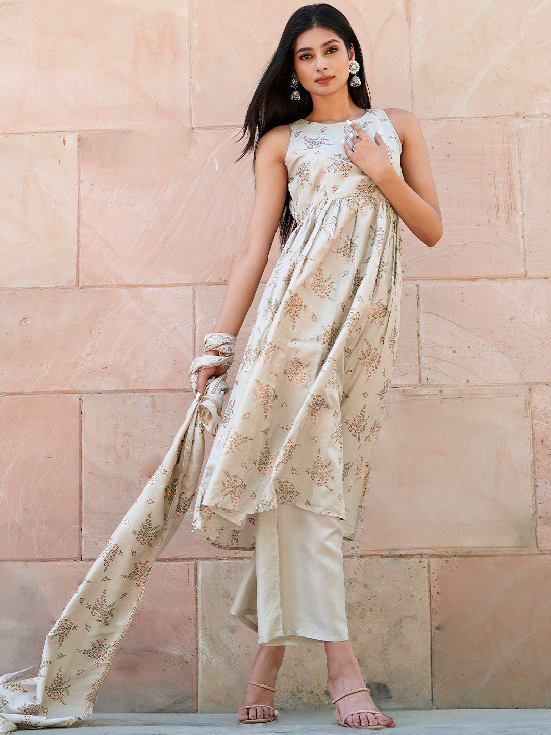 Beige Printed Silk Blend Suit Set