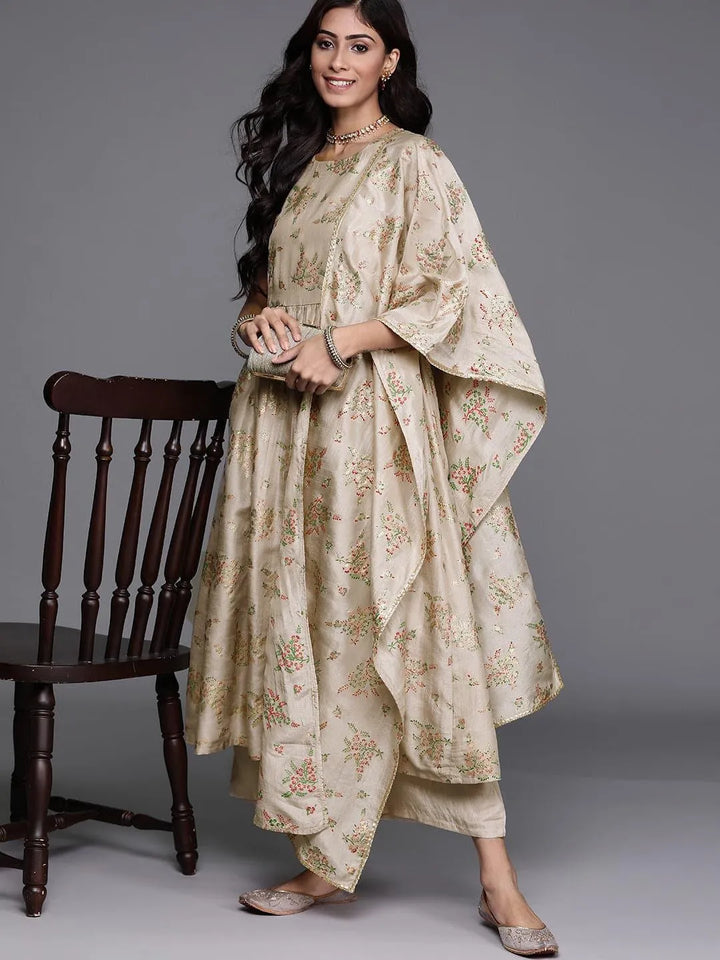 Beige Printed Silk Blend Suit Set - ShopLibas