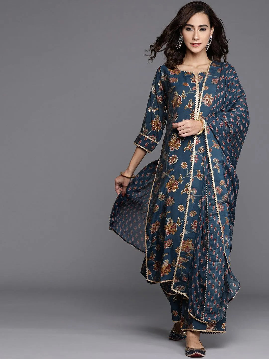 Blue Printed Silk Blend Suit Set - ShopLibas