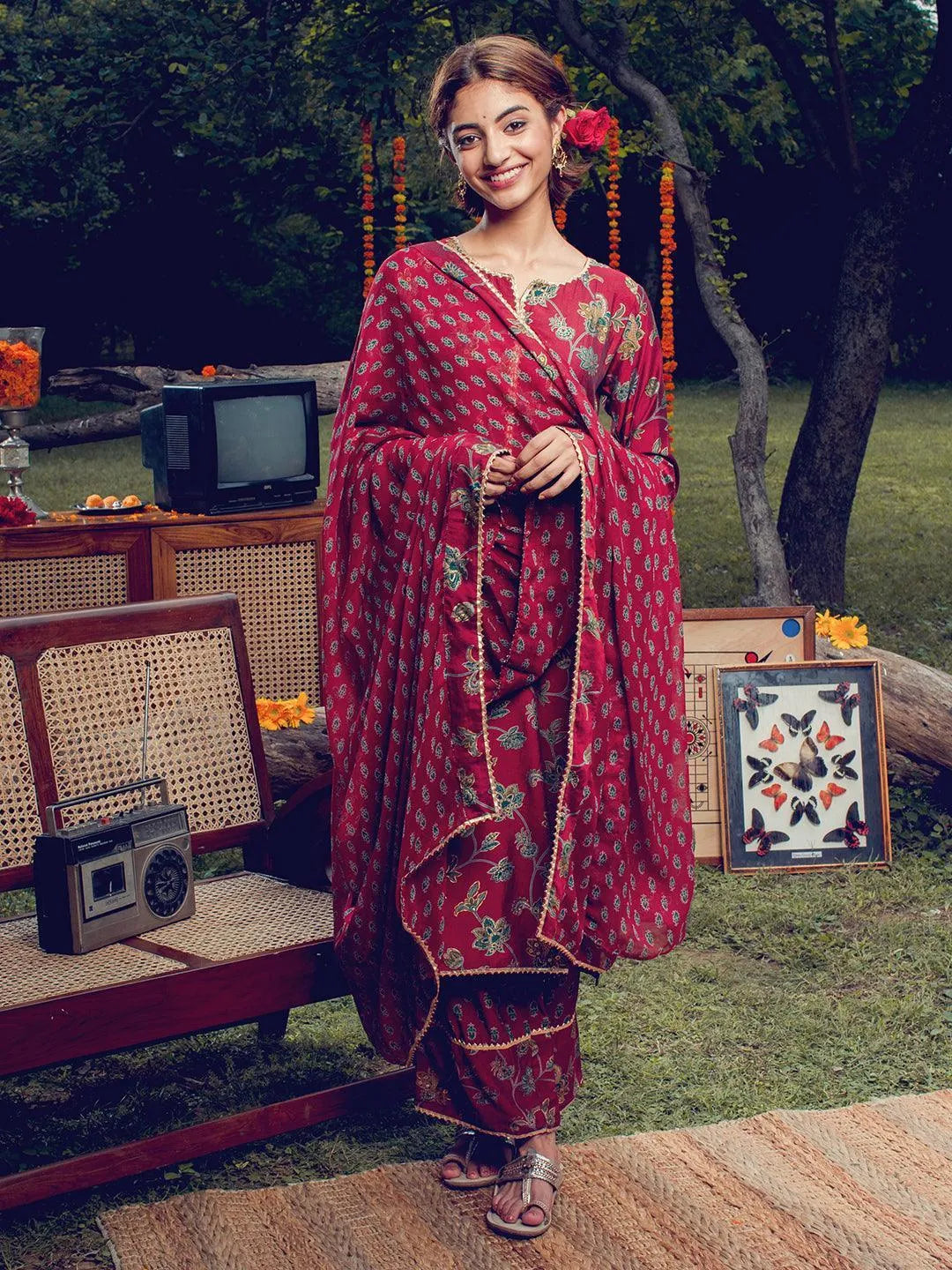 Maroon Printed Silk Blend Suit Set - ShopLibas