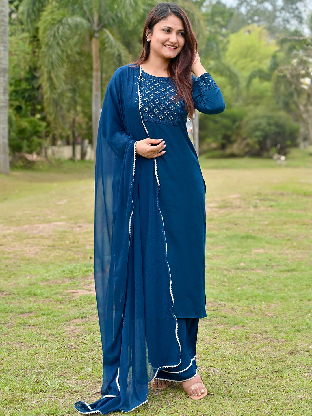 Blue Embroidered Viscose Rayon Suit Set