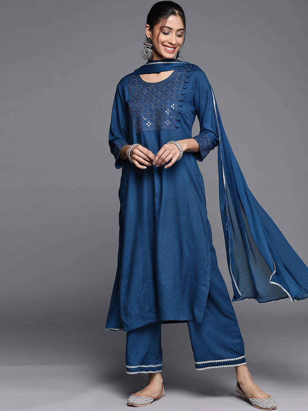 Blue Embroidered Viscose Rayon Suit Set