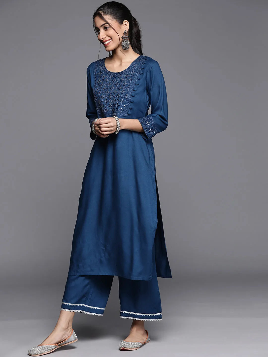 Blue Embroidered Viscose Rayon Suit Set