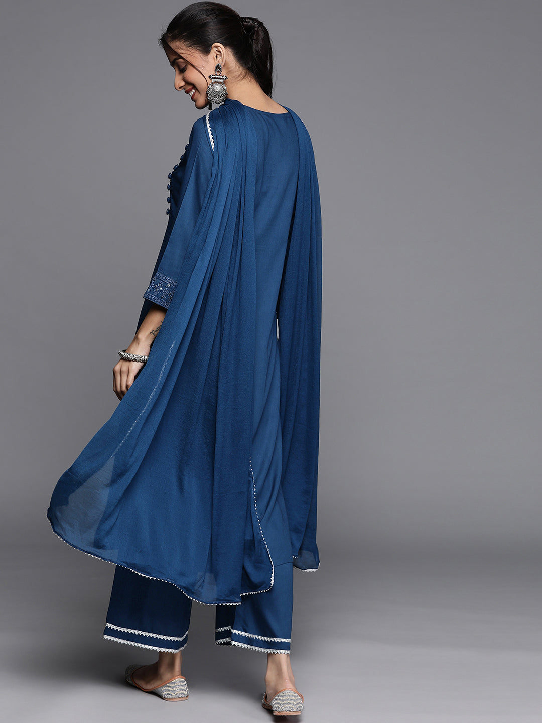 Blue Embroidered Viscose Rayon Suit Set