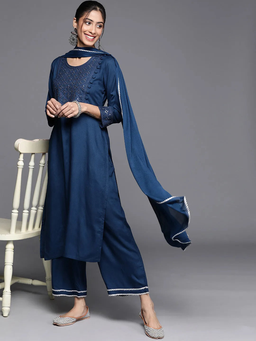 Blue Embroidered Viscose Rayon Suit Set