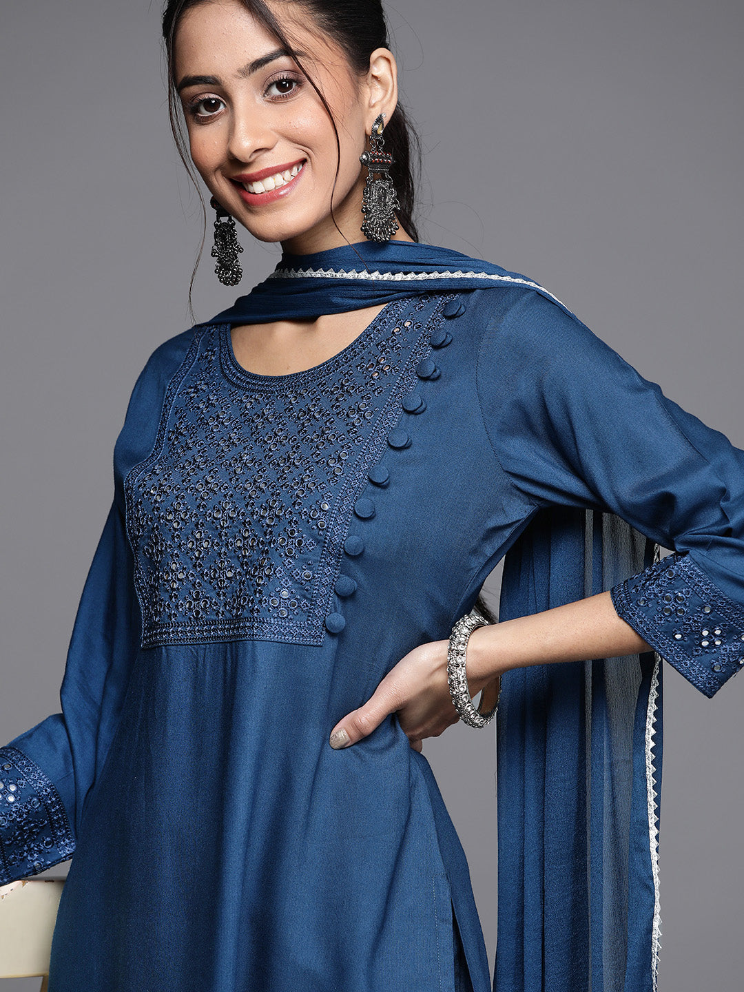 Blue Embroidered Viscose Rayon Suit Set