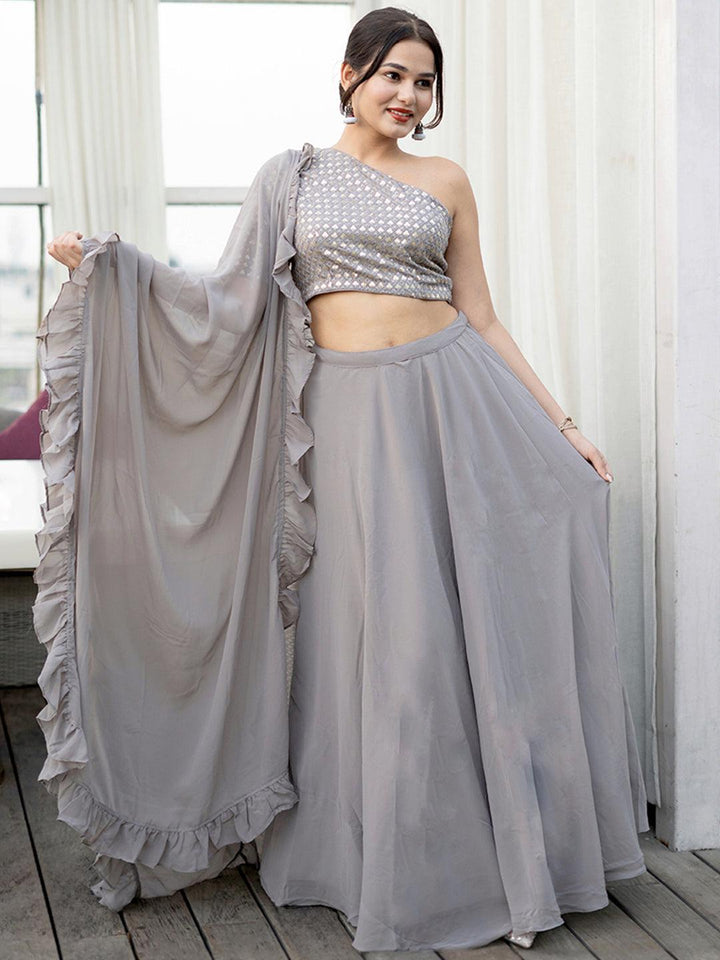 Grey Sequinned Georgette Lehenga Set With Potli - ShopLibas