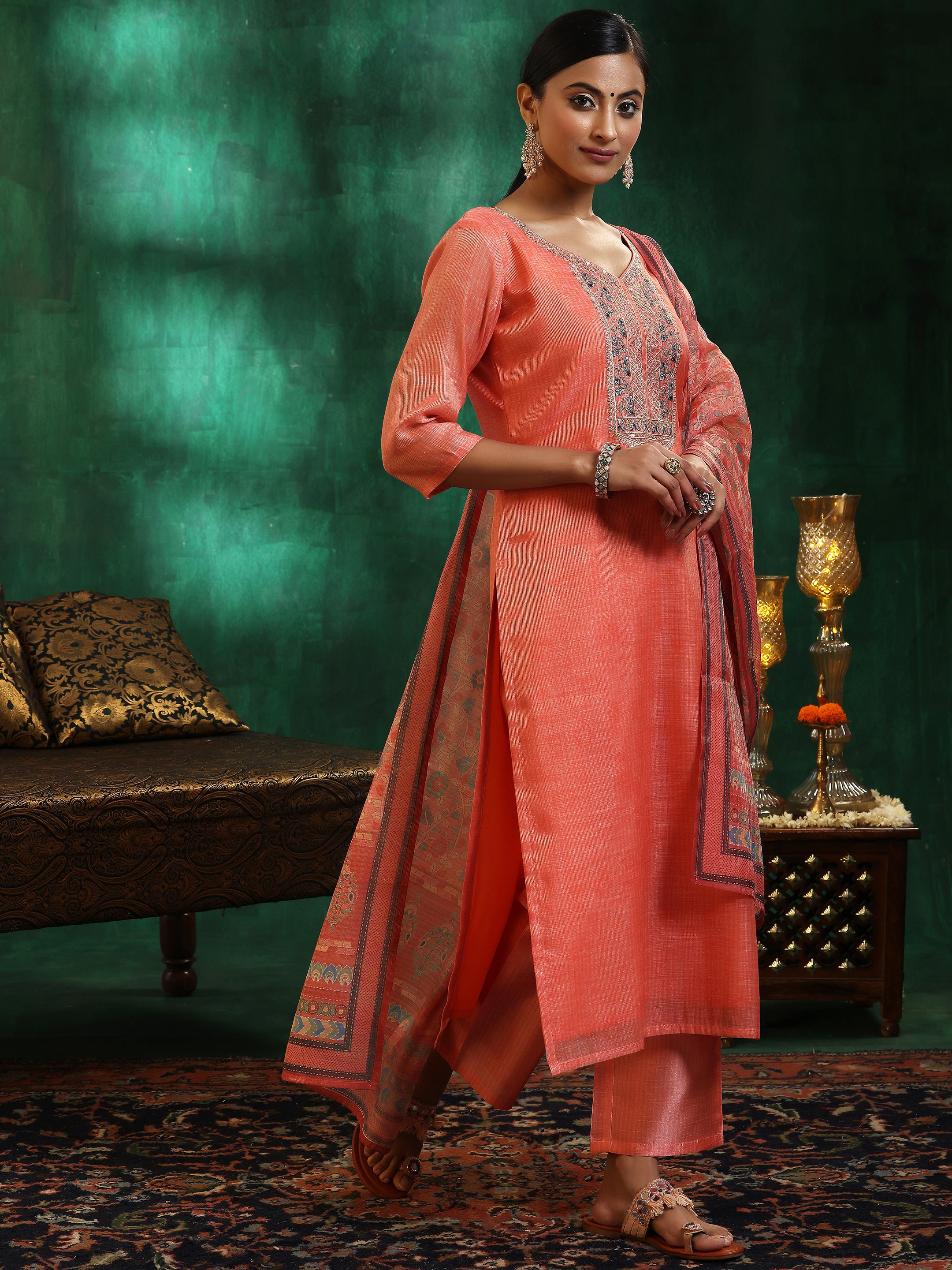 Peach Yoke Design Silk Blend Straight Suit With Dupatta