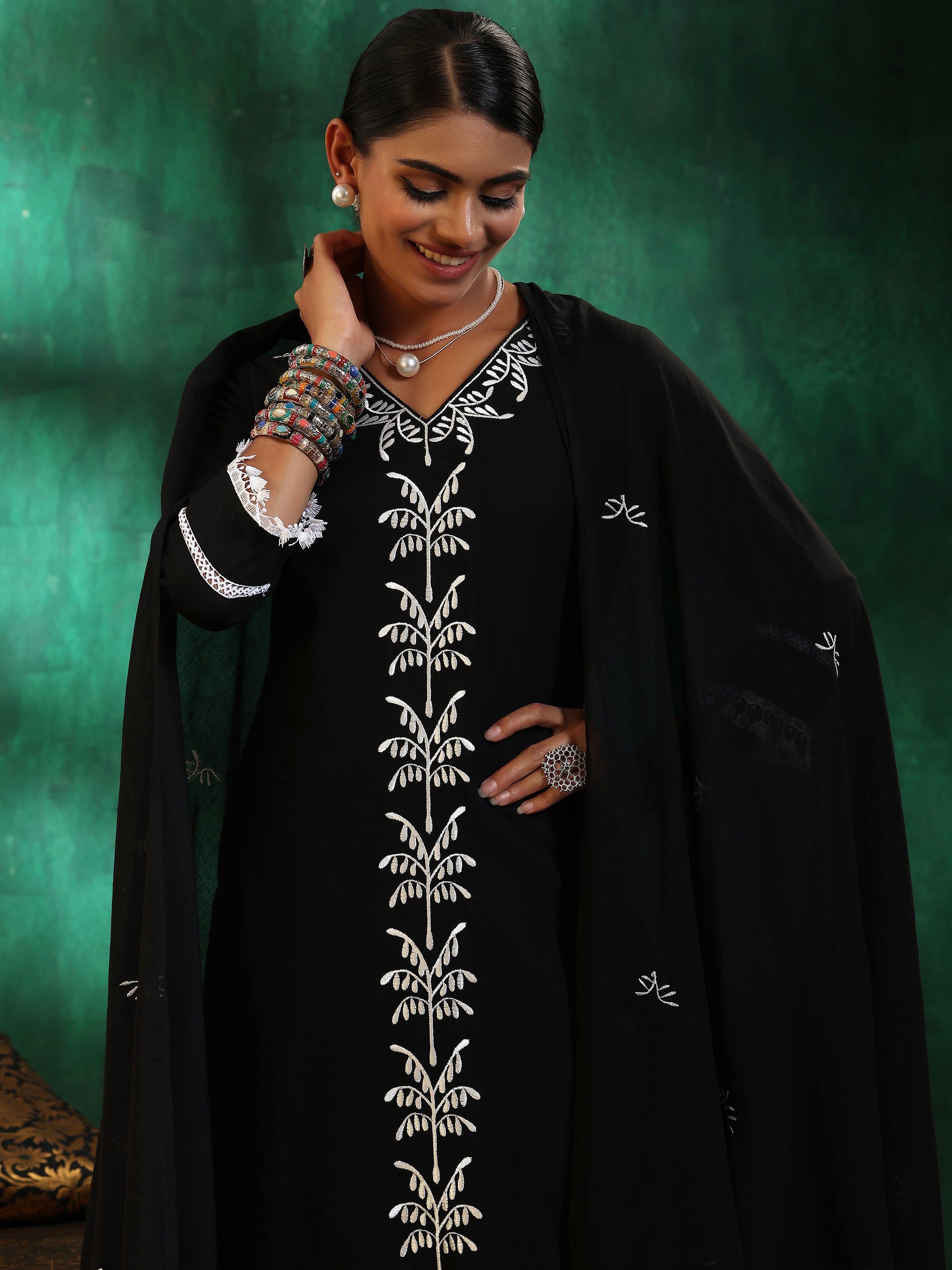 Black Embroidered Cotton Straight Suit With Dupatta