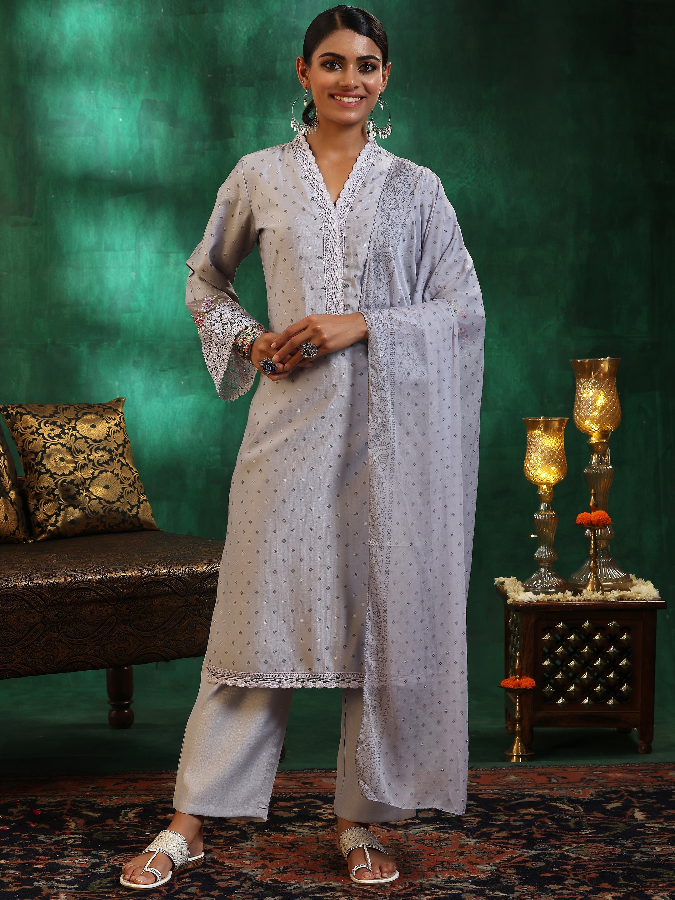 Grey Printed Silk Blend Straight Suit With Dupatta