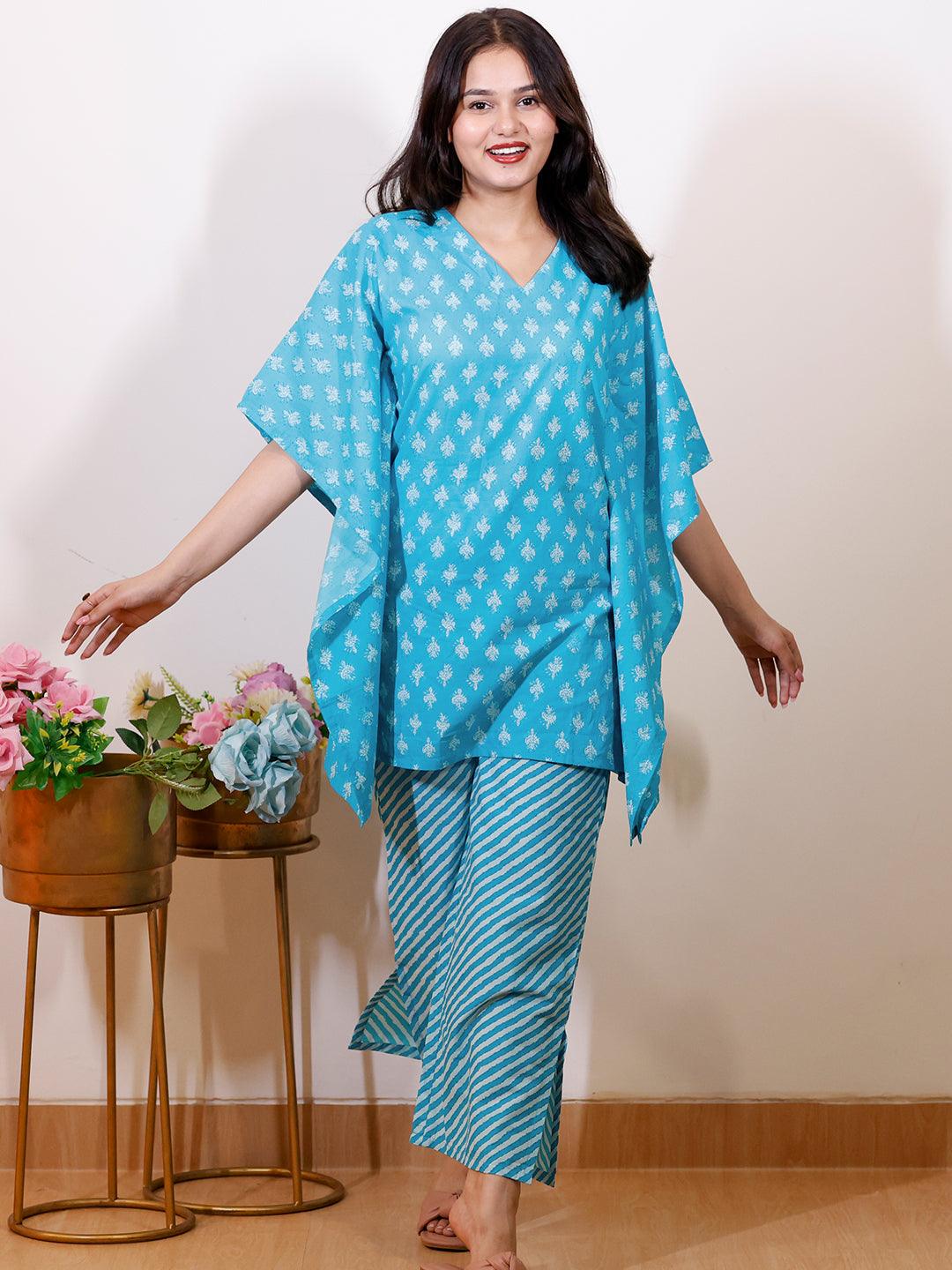 Turquoise Blue Printed Cotton Night Suit