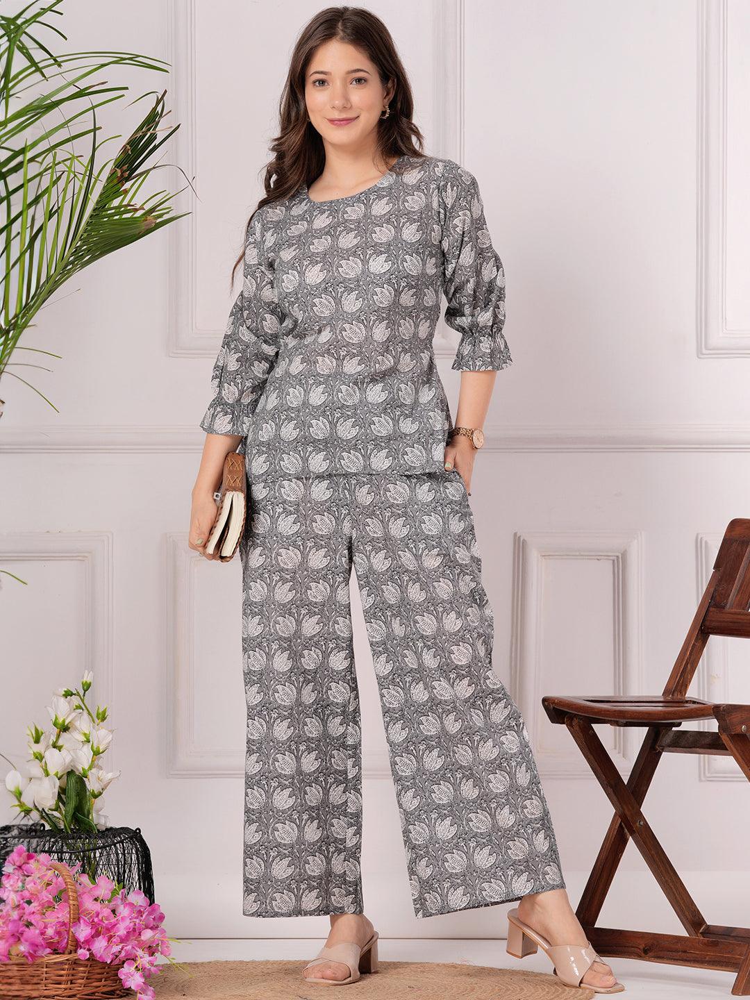 Grey Printed Cotton Night Suit