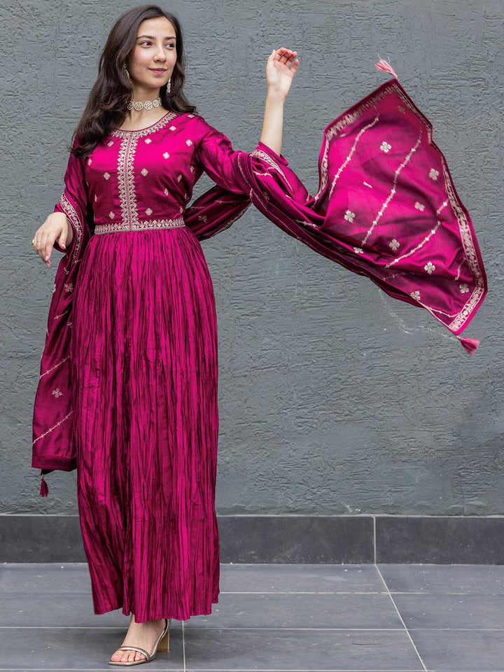 Fuchsia Embroidered Silk Blend Anarkali Suit Set With Trousers - ShopLibas