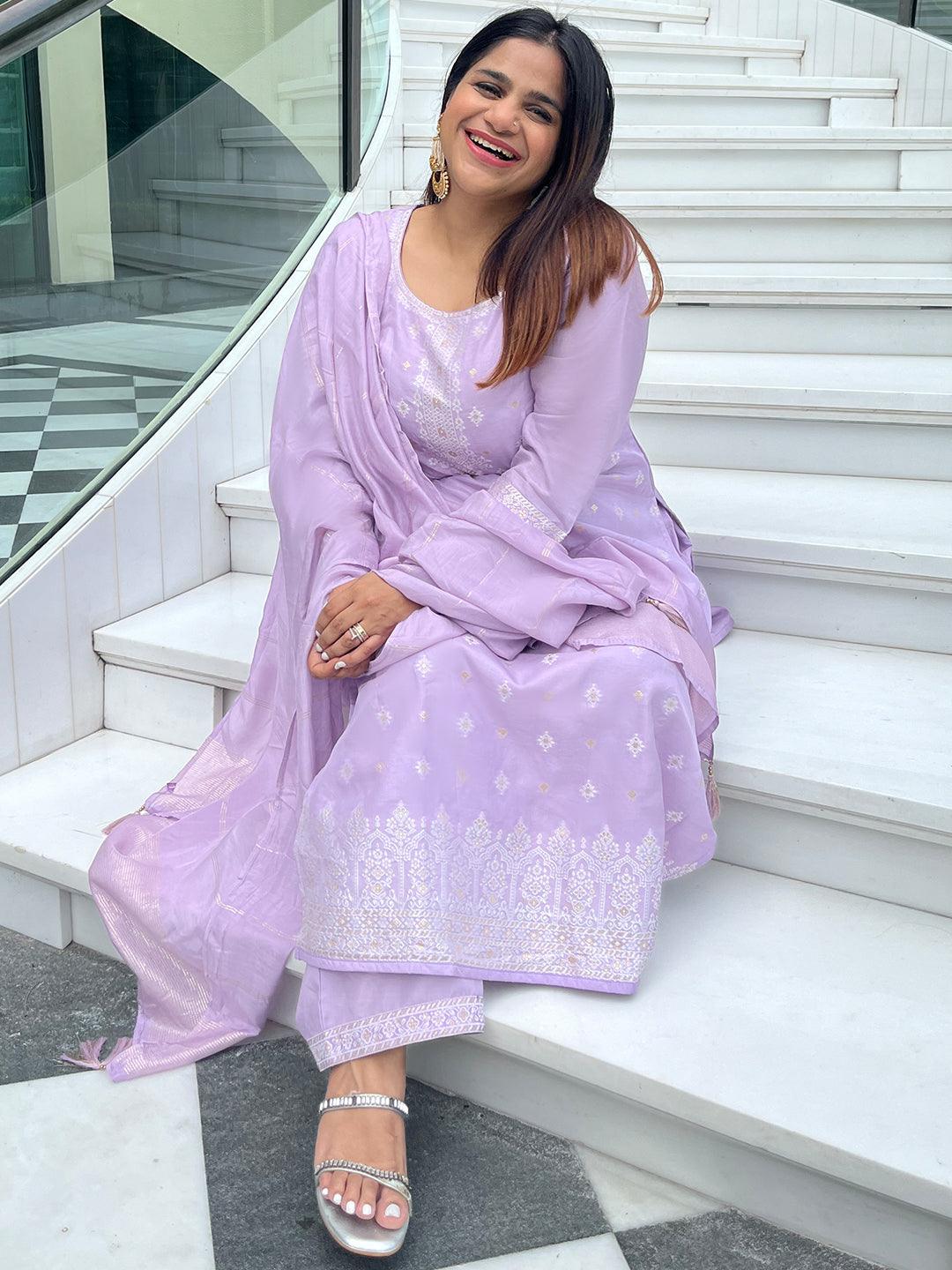 Plus Size Lavender Woven Design Silk Blend Straight Kurta With Trousers & Dupatta