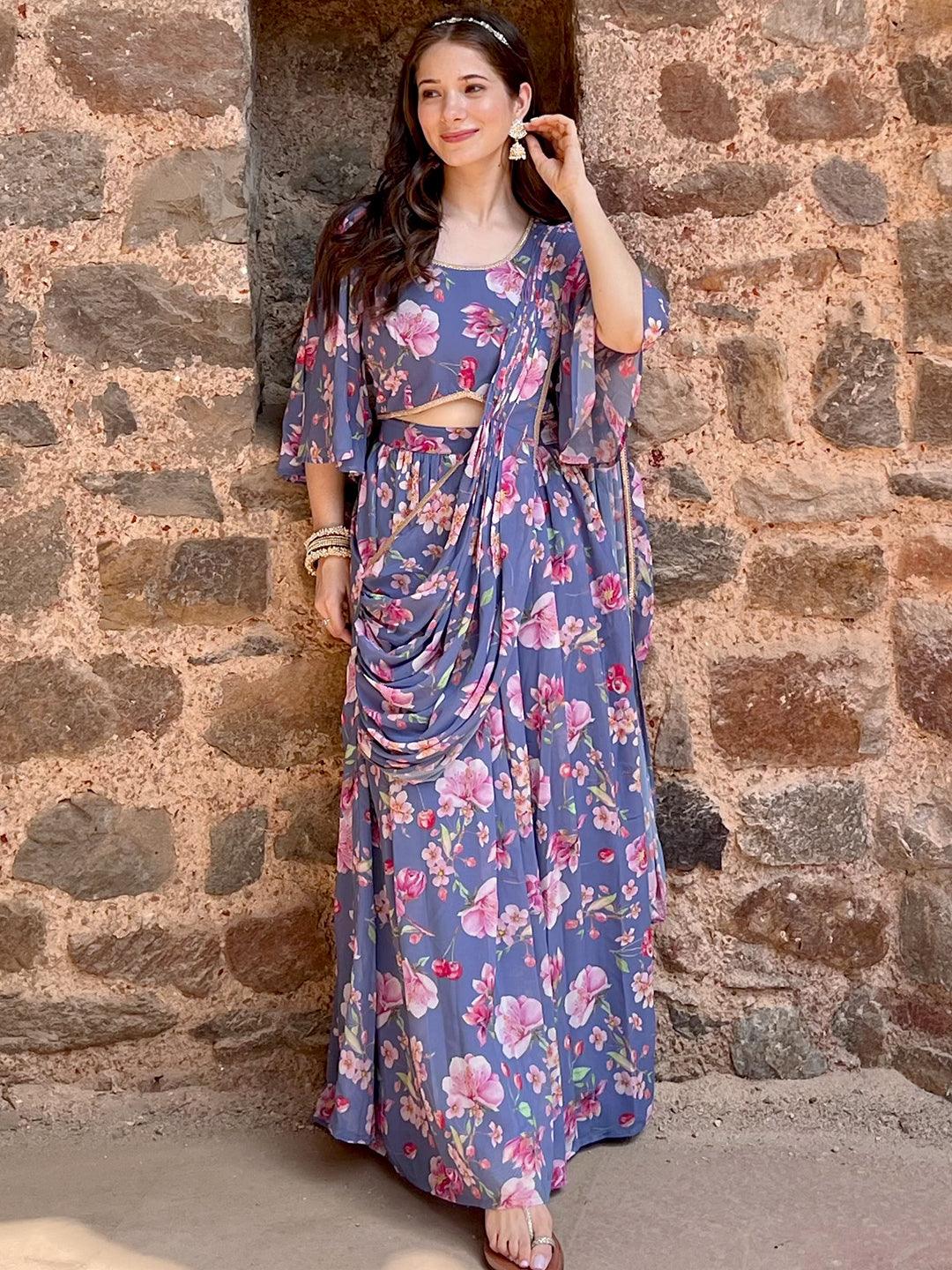 Lavender Printed Georgette Lehenga Saree