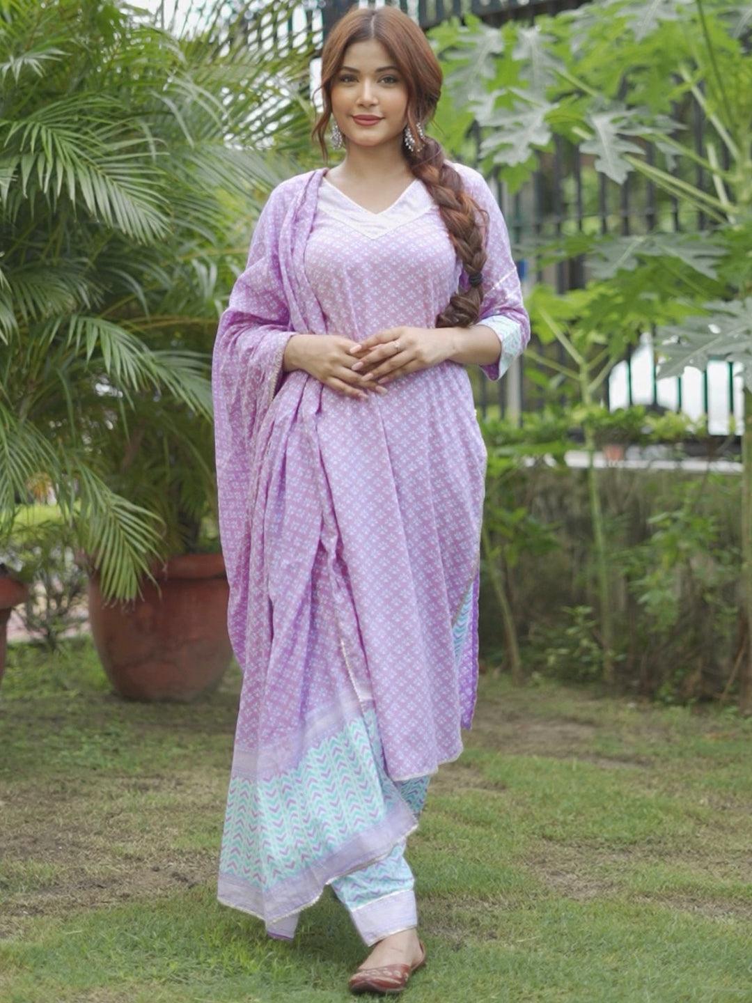 Lavender Printed Cotton Straight Kurta With Salwar & Dupatta