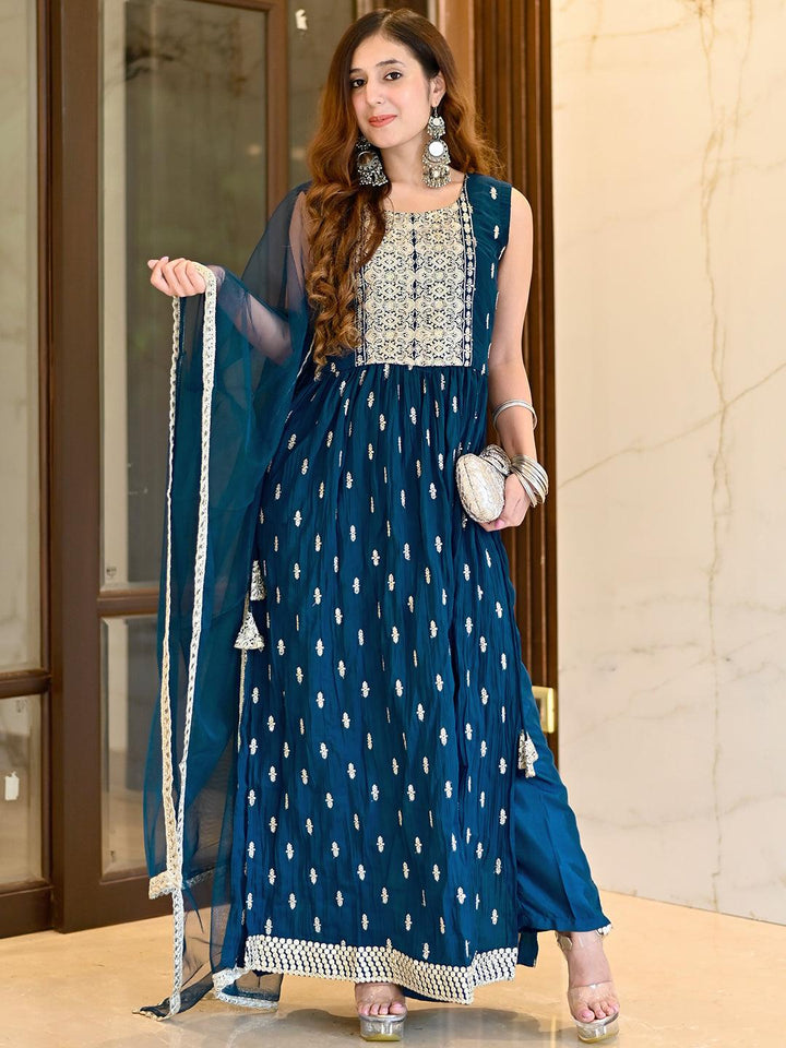 Blue Printed Georgette A-Line Kurta With Trousers & Dupatta - ShopLibas