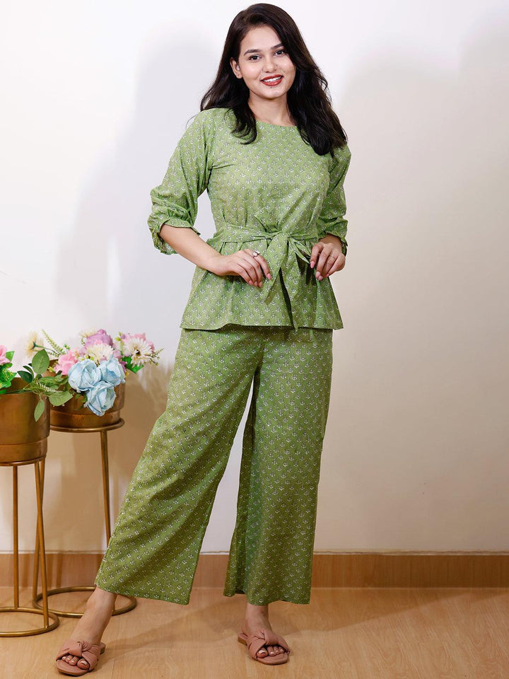 Green Printed Cotton Night Suit - ShopLibas