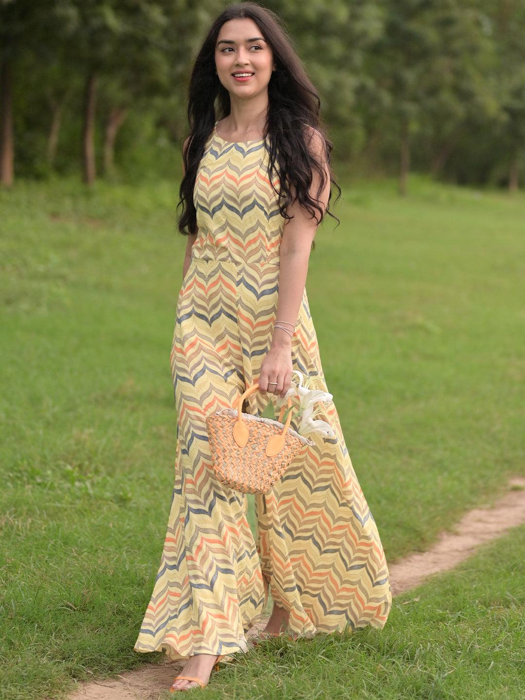 Yellow Printed Rayon Jumpsuit