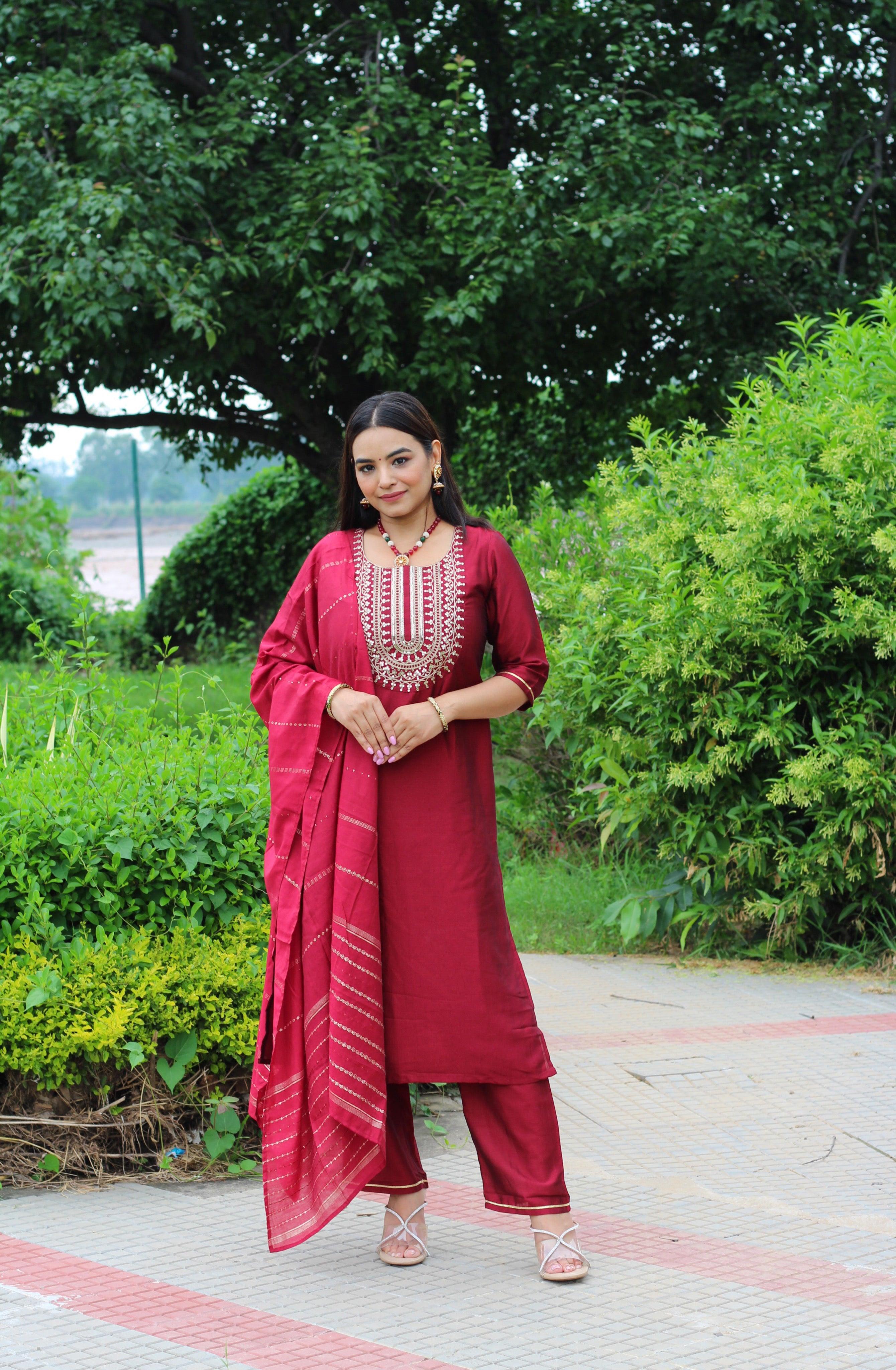 Maroon Yoke Design Silk Blend Straight Kurta With Trousers & Dupatta