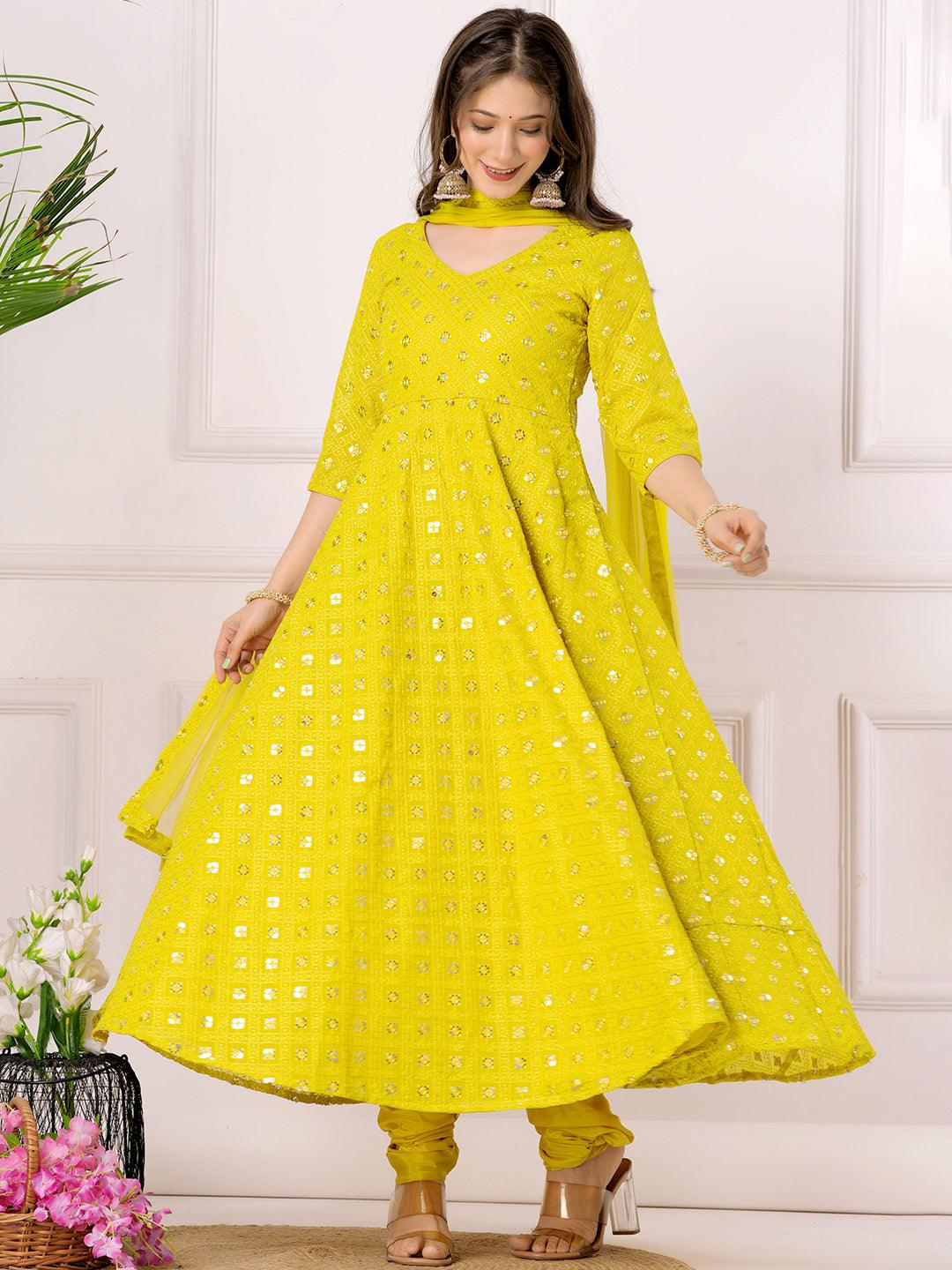 Mustard Embroidered Georgette Anarkali Kurta With Churidar & Dupatta