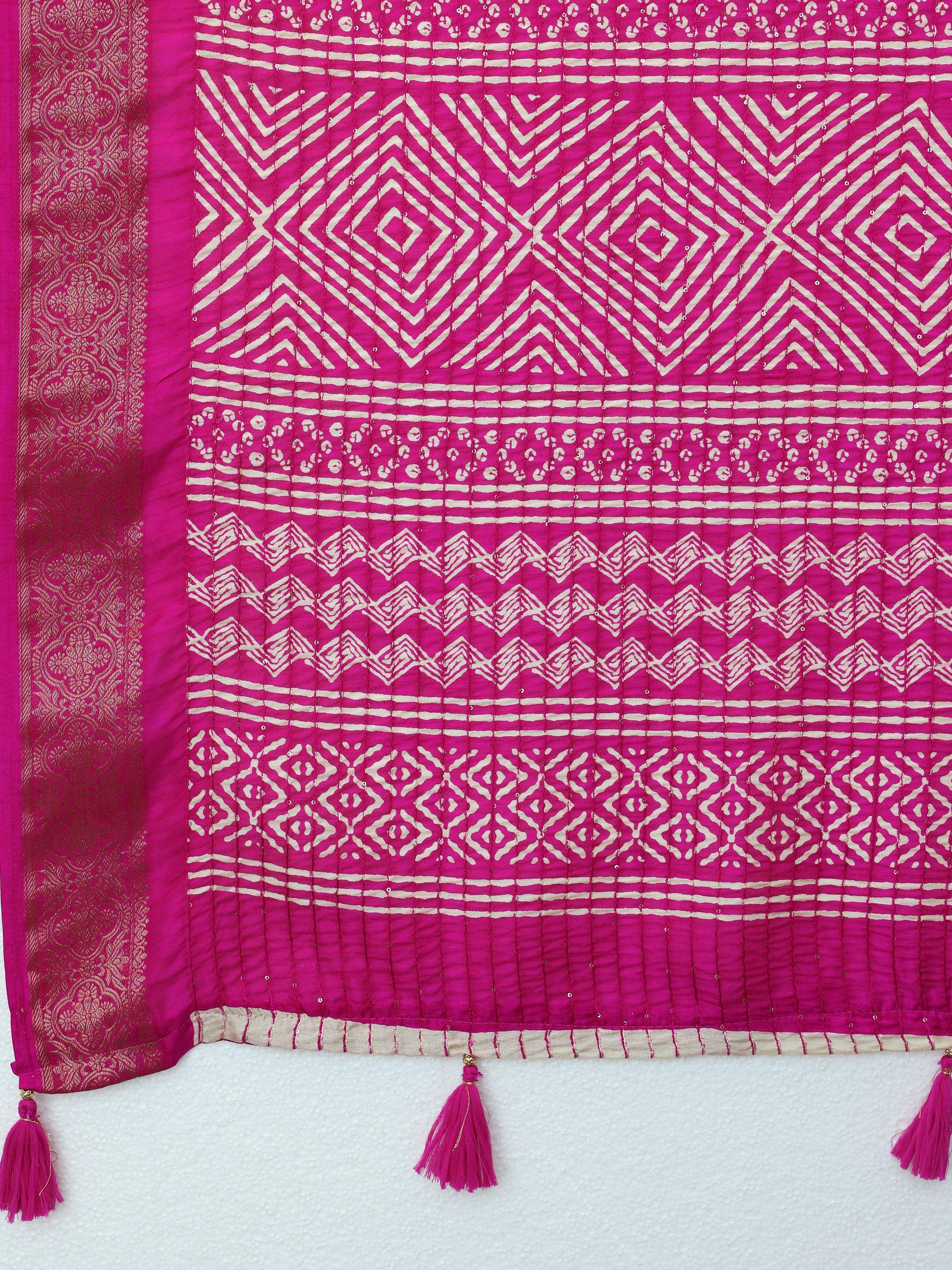 Pink Printed Silk Blend Saree With Unstitched Blouse Piece