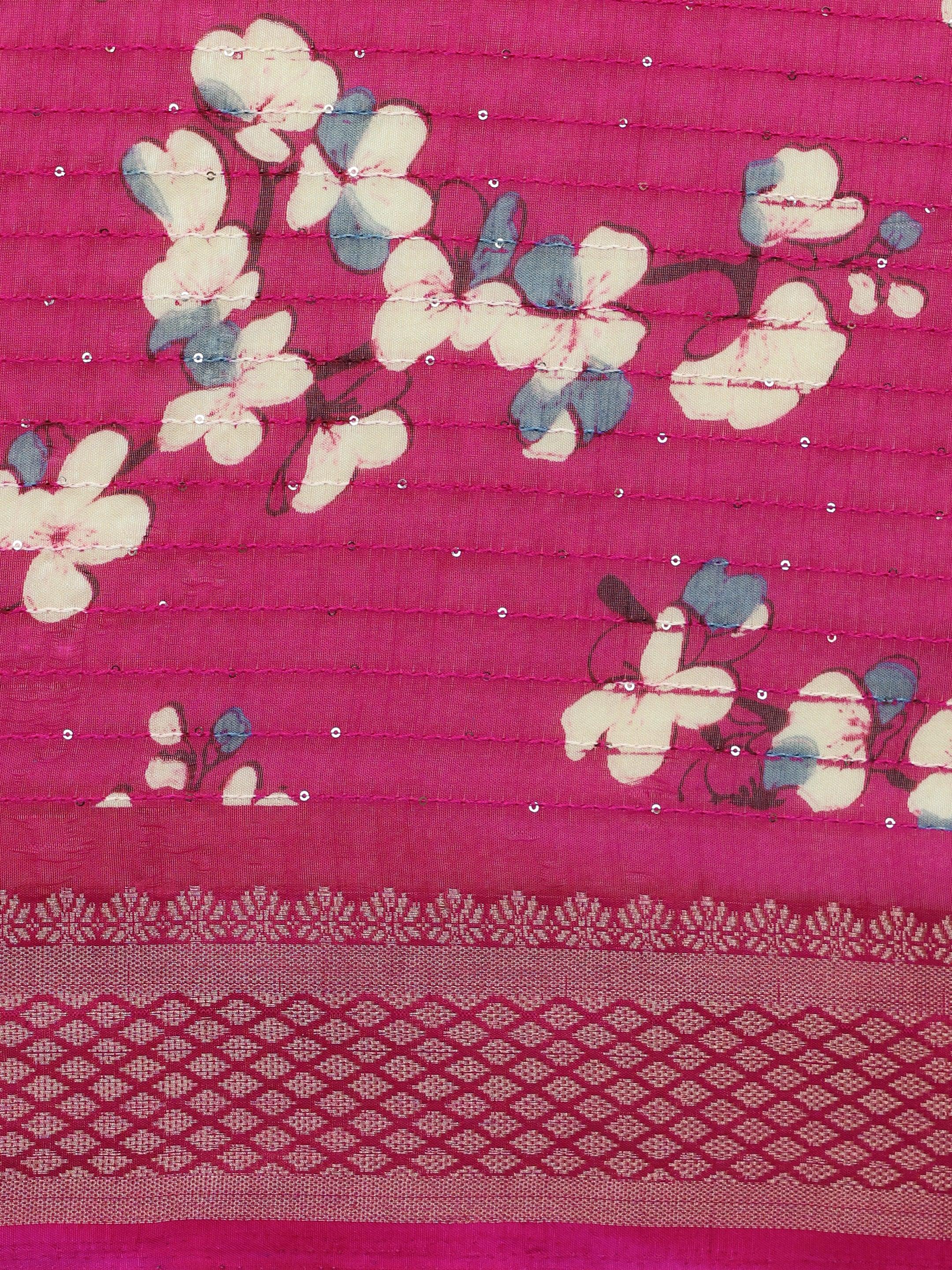 Pink Printed Silk Blend Saree With Unstitched Blouse Piece