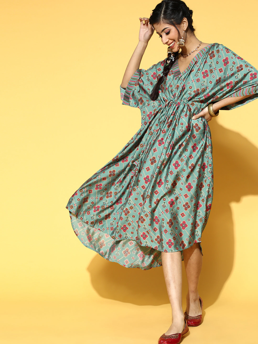 Green Printed Kaftan Dress